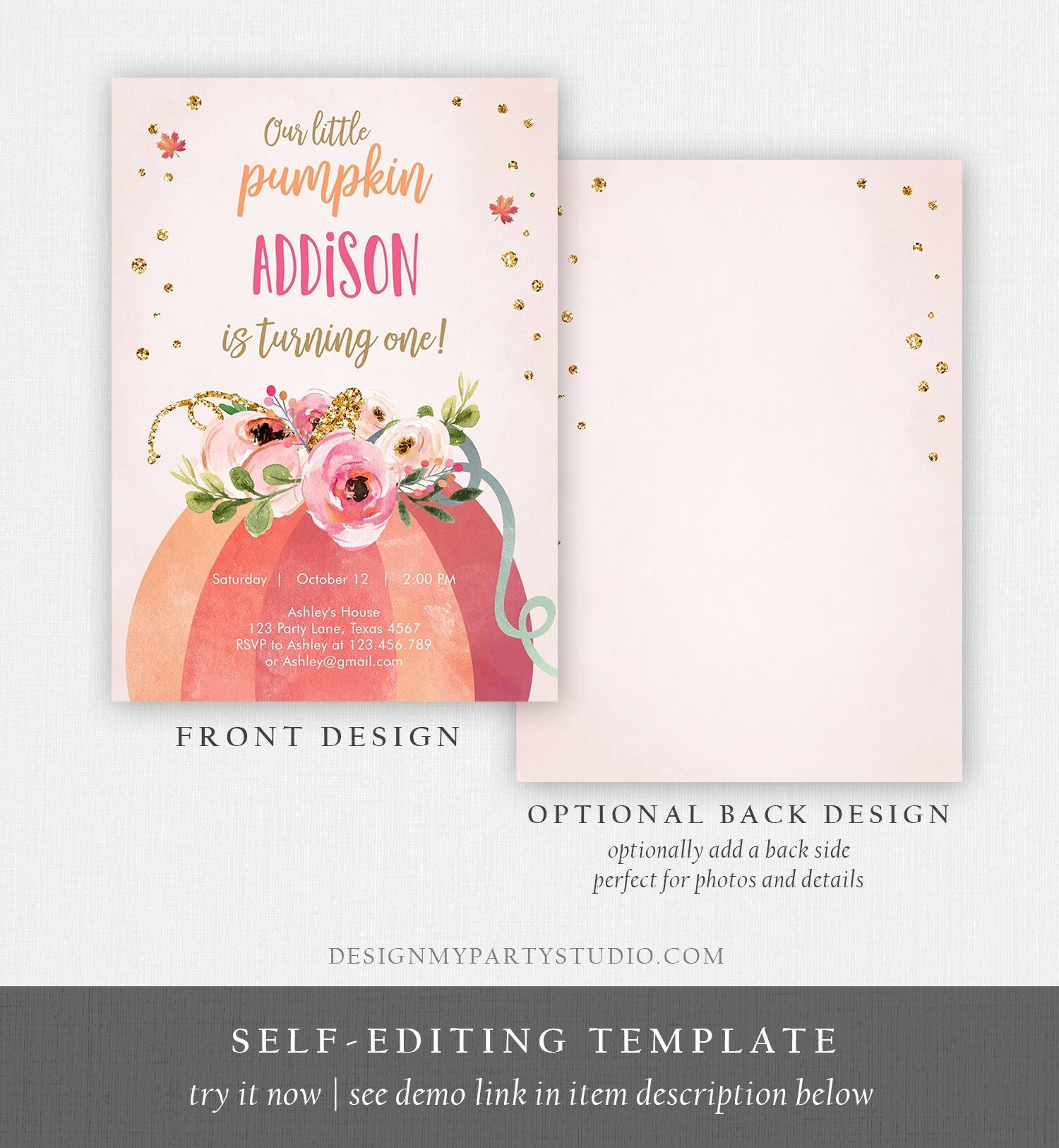 Editable Our Little Pumpkin Birthday Invitation Girl Pink Fall Autumn First Birthday 1st Pink Gold Download Corjl Template Printable 0198