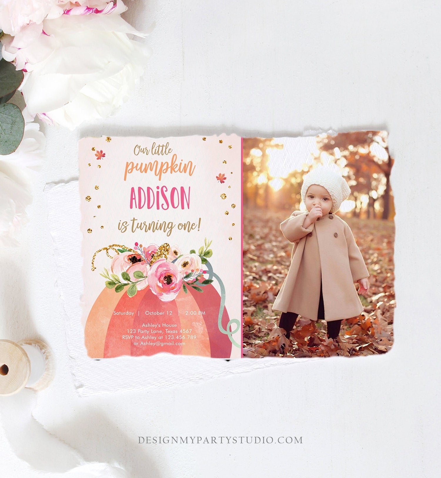 Editable Our Little Pumpkin Birthday Invitation Girl Pink Fall Autumn First Birthday 1st Pink Gold Download Corjl Template Printable 0198