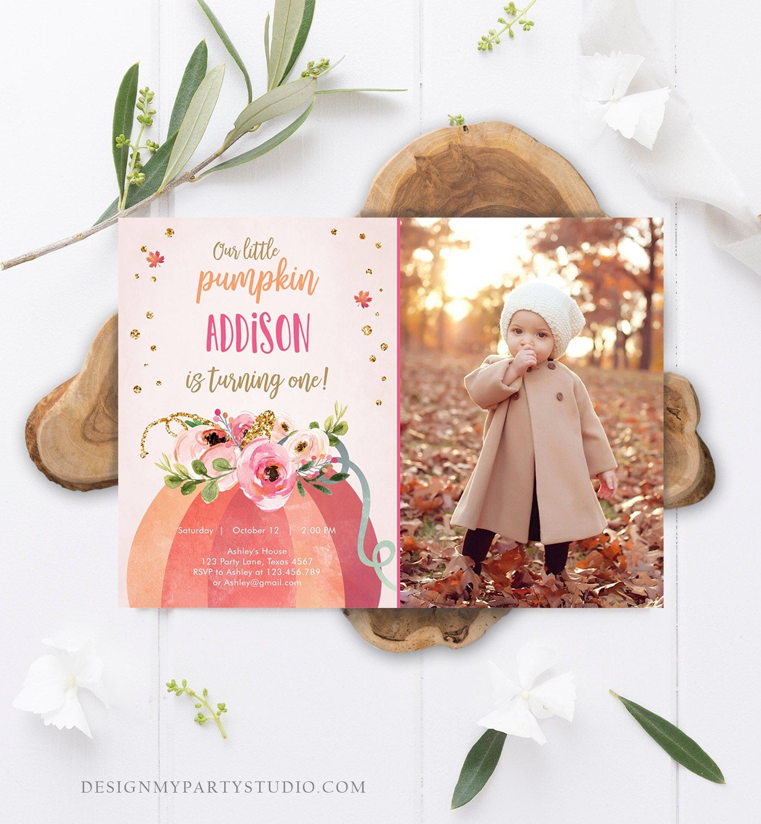 Editable Our Little Pumpkin Birthday Invitation Girl Pink Fall Autumn First Birthday 1st Pink Gold Download Corjl Template Printable 0198