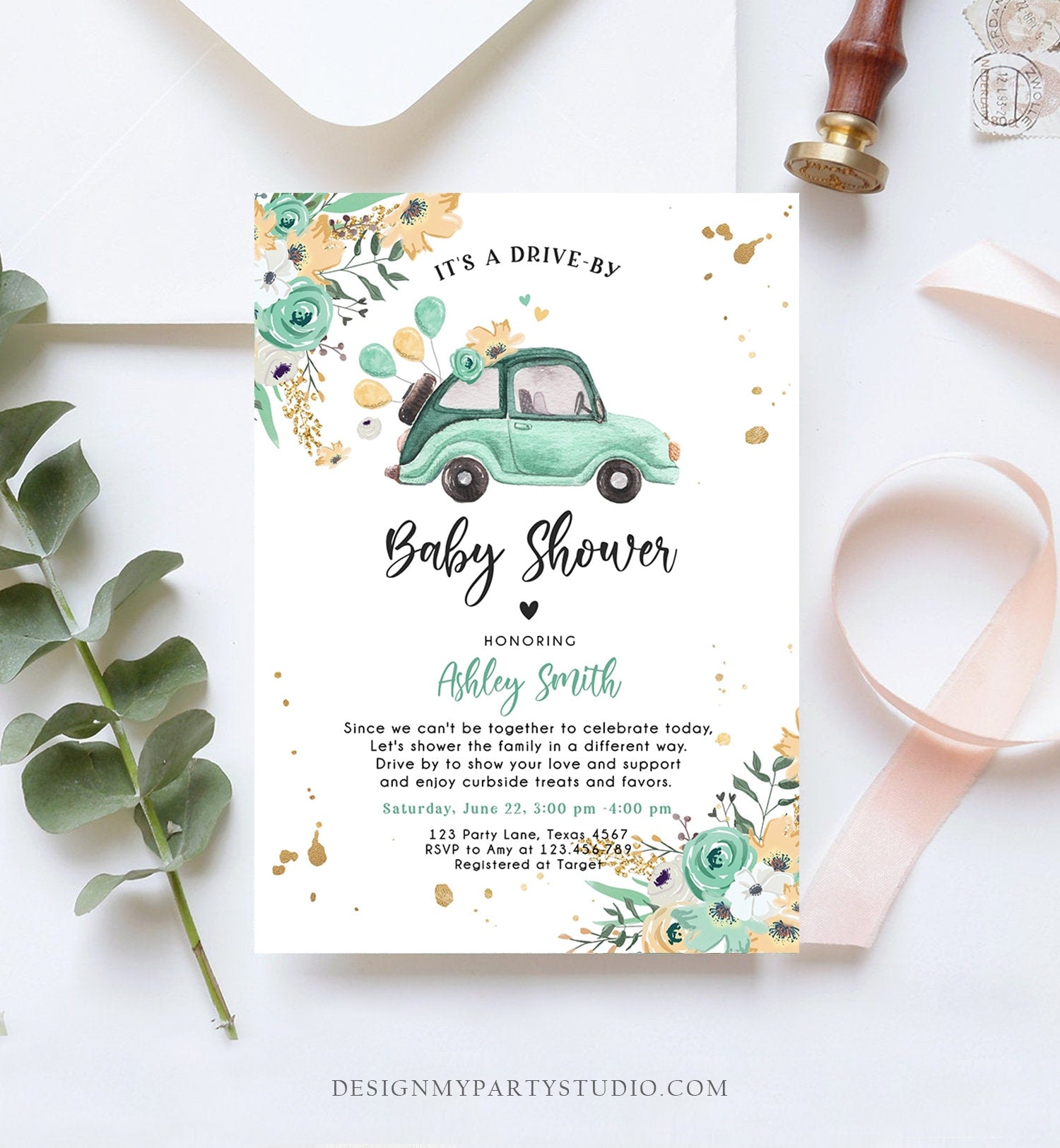 Editable Drive By Baby Shower Invitation Mint Green Neutral Boy Girl Baby Sprinkle Quarantine Drive Through Floral Corjl Template 0335
