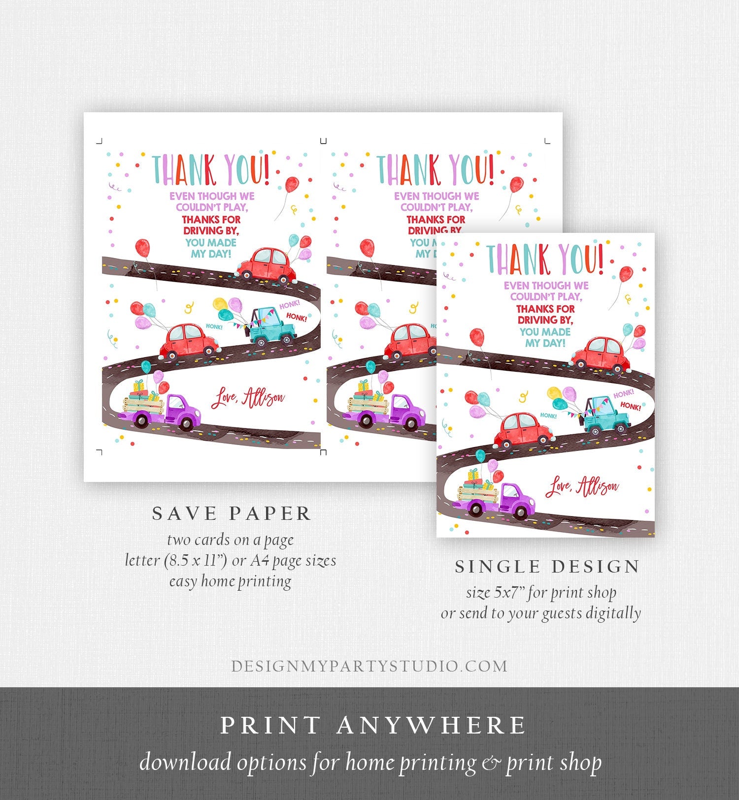 Editable Drive By Birthday Parade Thank You Card Virtual Party Invite Honk Wave Car Girl Red Quarantine Instant Download Digital Corjl 0333