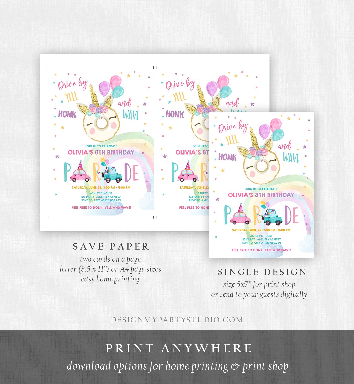 Editable Drive By Donut Birthday Parade Invitation Balloons Rainbow Party Honk Wave Car Girl Pink Drive Through Download Corjl Template 0343