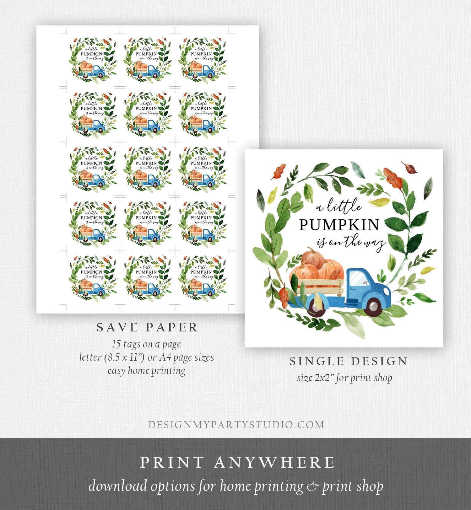 Editable Pumpkin Truck Favor Tag Drive By Birthday Favors Party Parade Fall Thank You Gift Tags Boy Blue Corjl Template Printable 0154