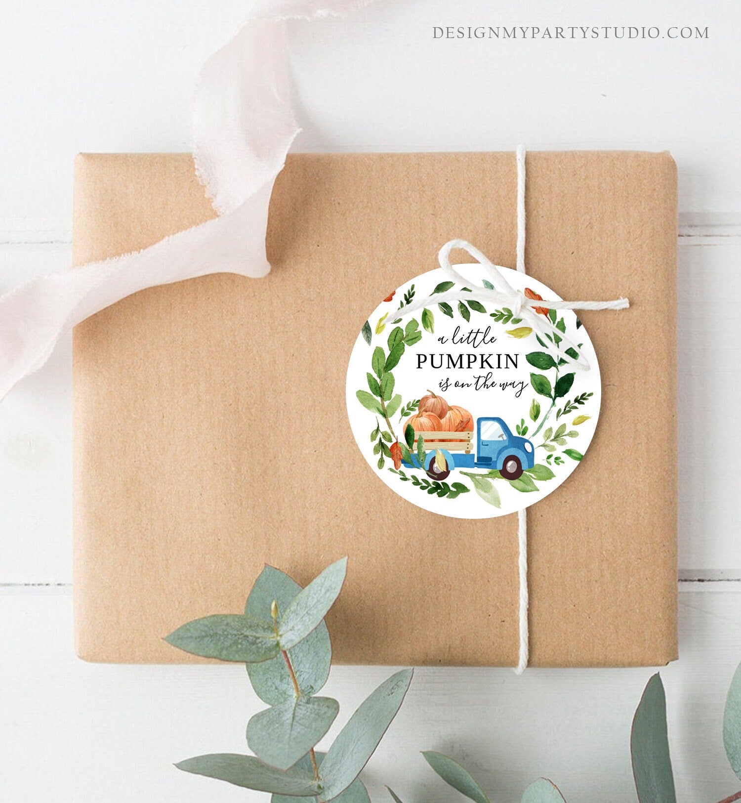 Editable Pumpkin Truck Favor Tag Drive By Birthday Favors Party Parade Fall Thank You Gift Tags Boy Blue Corjl Template Printable 0154