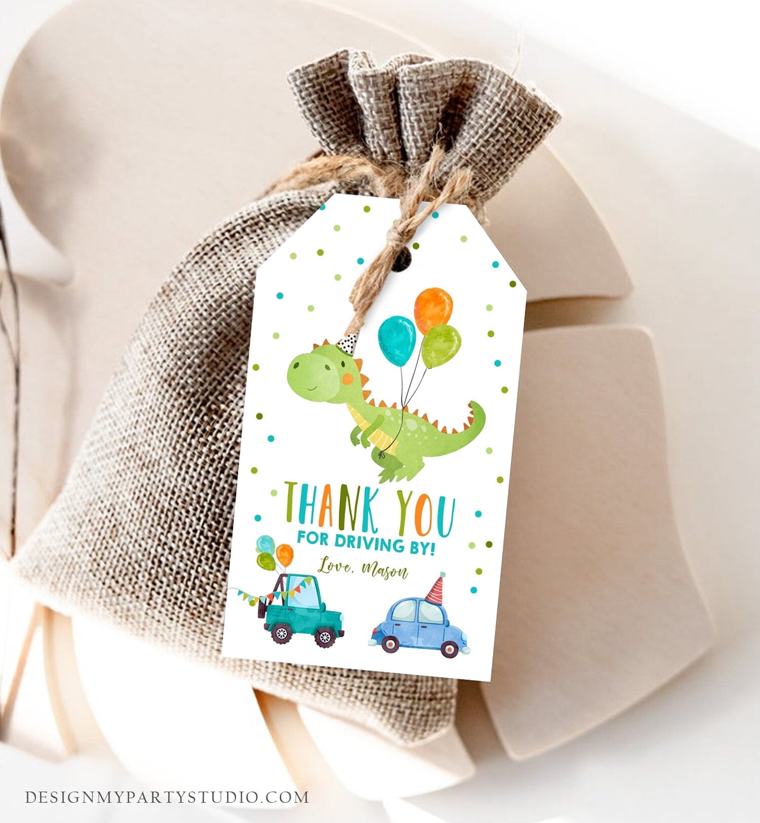 Editable Dinosaur Favor Tag Drive By Birthday Favors Party Parade Dino Boy Car Thank You Gift Tags T-Rex Corjl Template Printable 0340