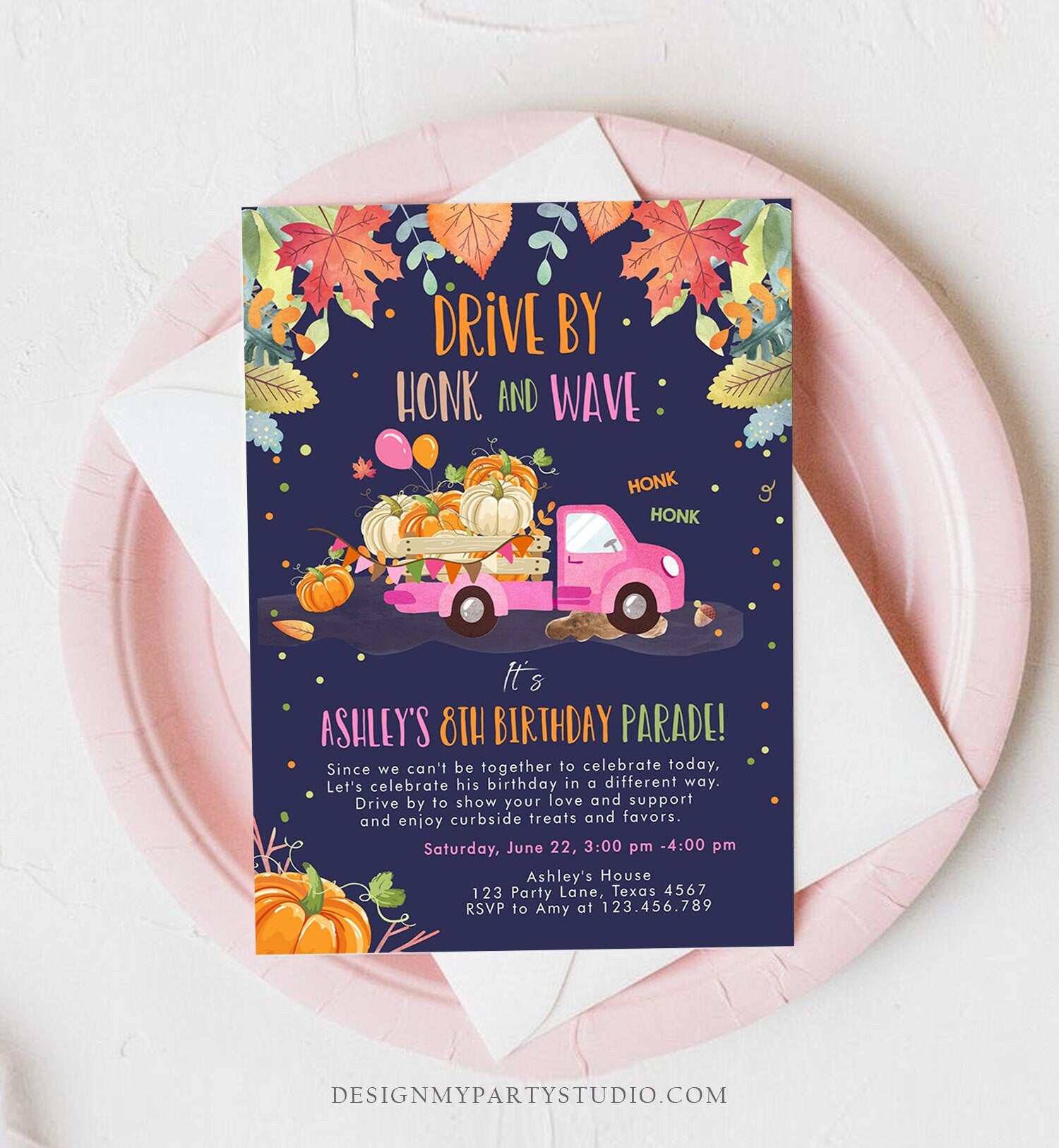 Editable Pumpkin Truck Drive By Birthday Parade Invitation Virtual Party Invite Honk Car Drive Through Fall Girl Pink Download Corjl 0153
