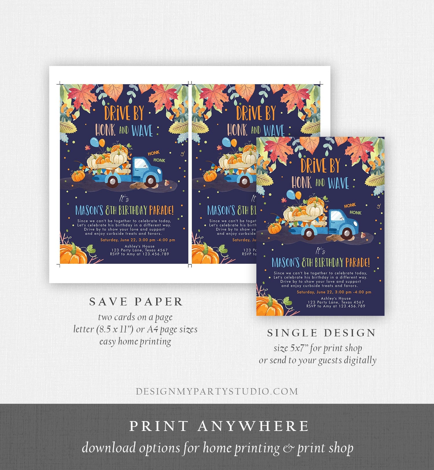 Editable Pumpkin Truck Drive By Birthday Parade Invitation Virtual Party Invite Honk Car Drive Through Fall Boy Blue Download Corjl 0153
