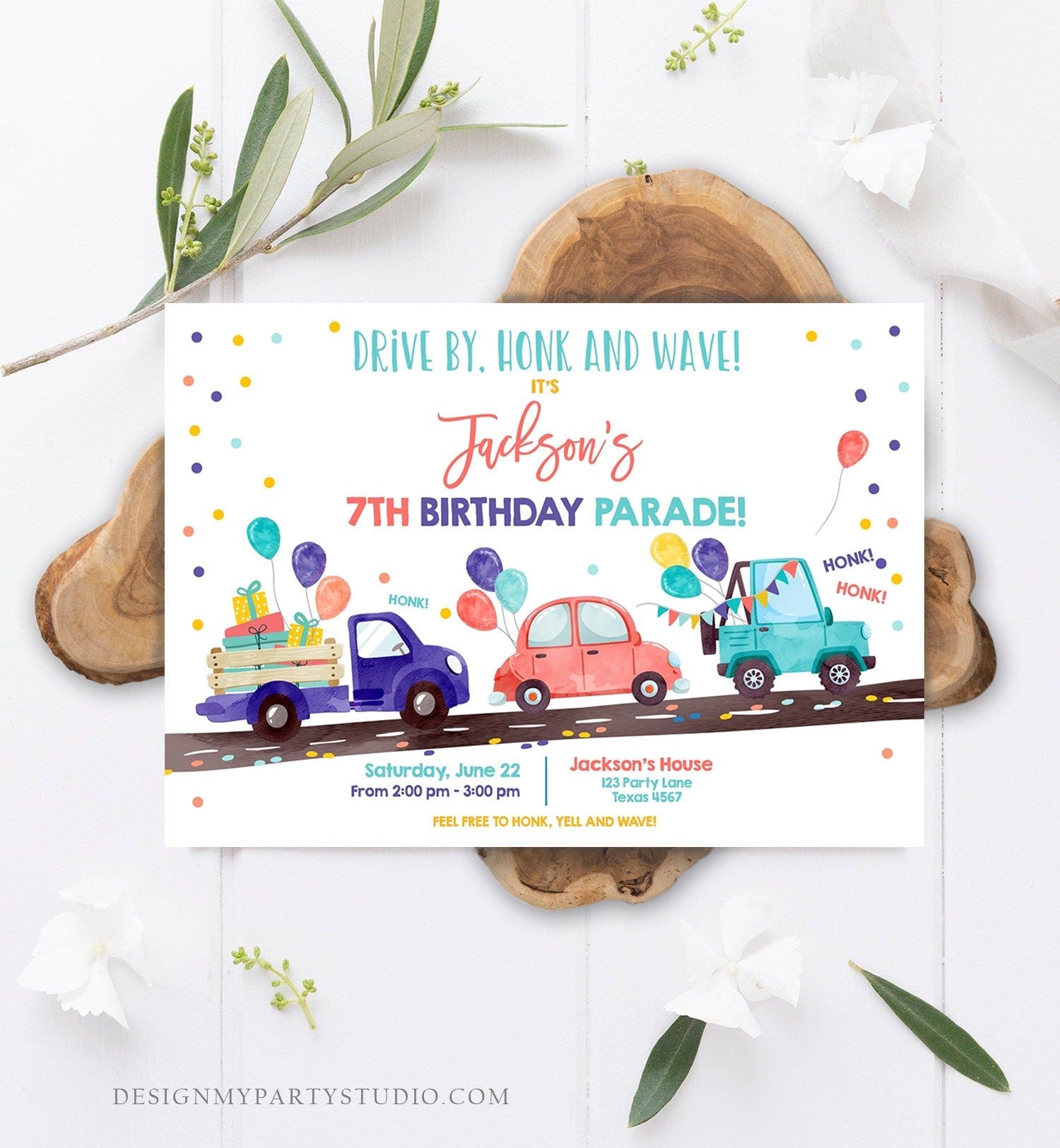 Editable Drive By Birthday Parade Invitation Virtual Party Invite Honk Wave Car Boy Neutral Girl Coed Twin Download Digital Corjl 0333