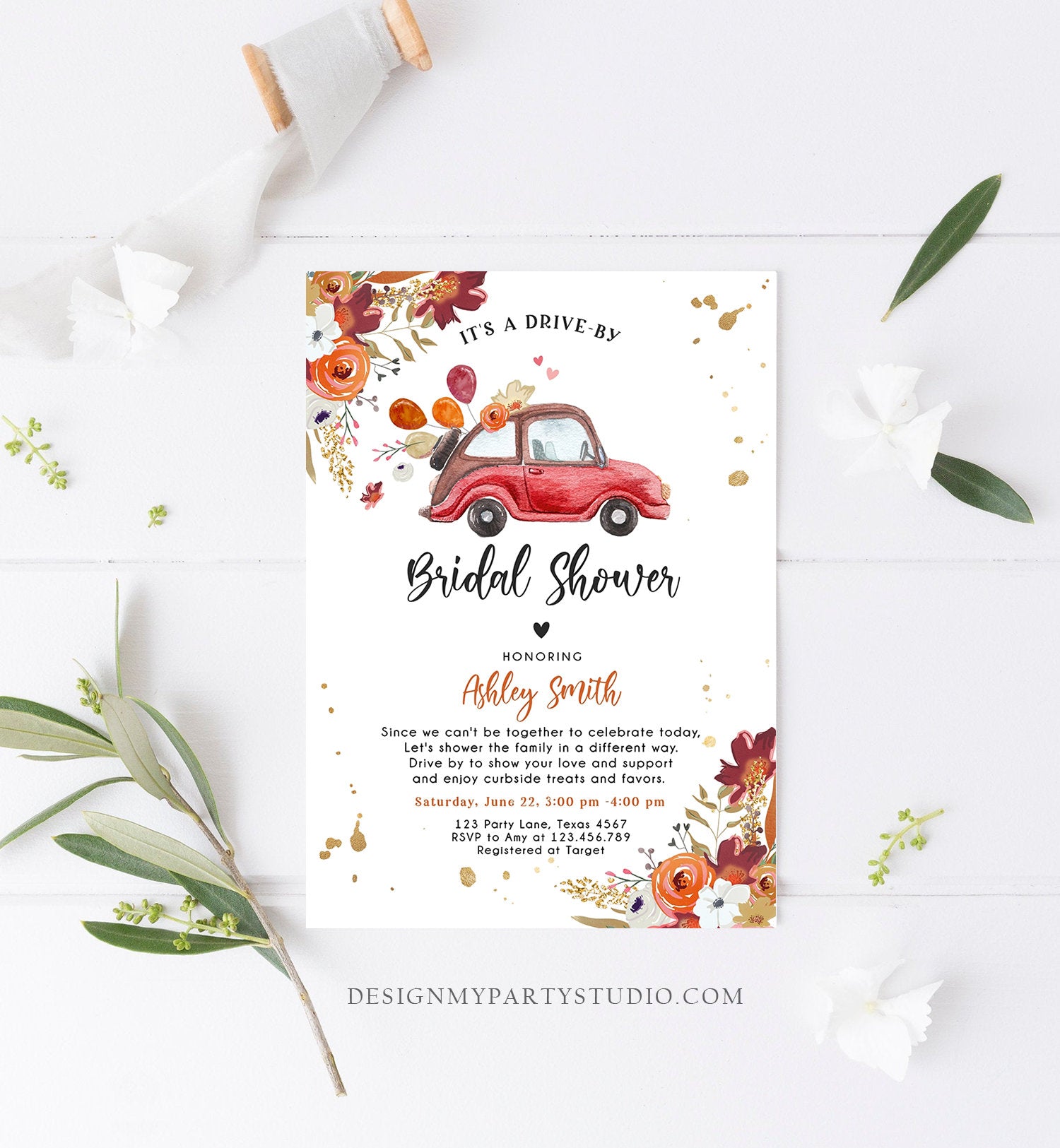 Editable Fall Drive By Bridal Shower Invitation Couples Shower Invite Quarantine Burgundy Rust Fall in Love Template Download Corjl 0335