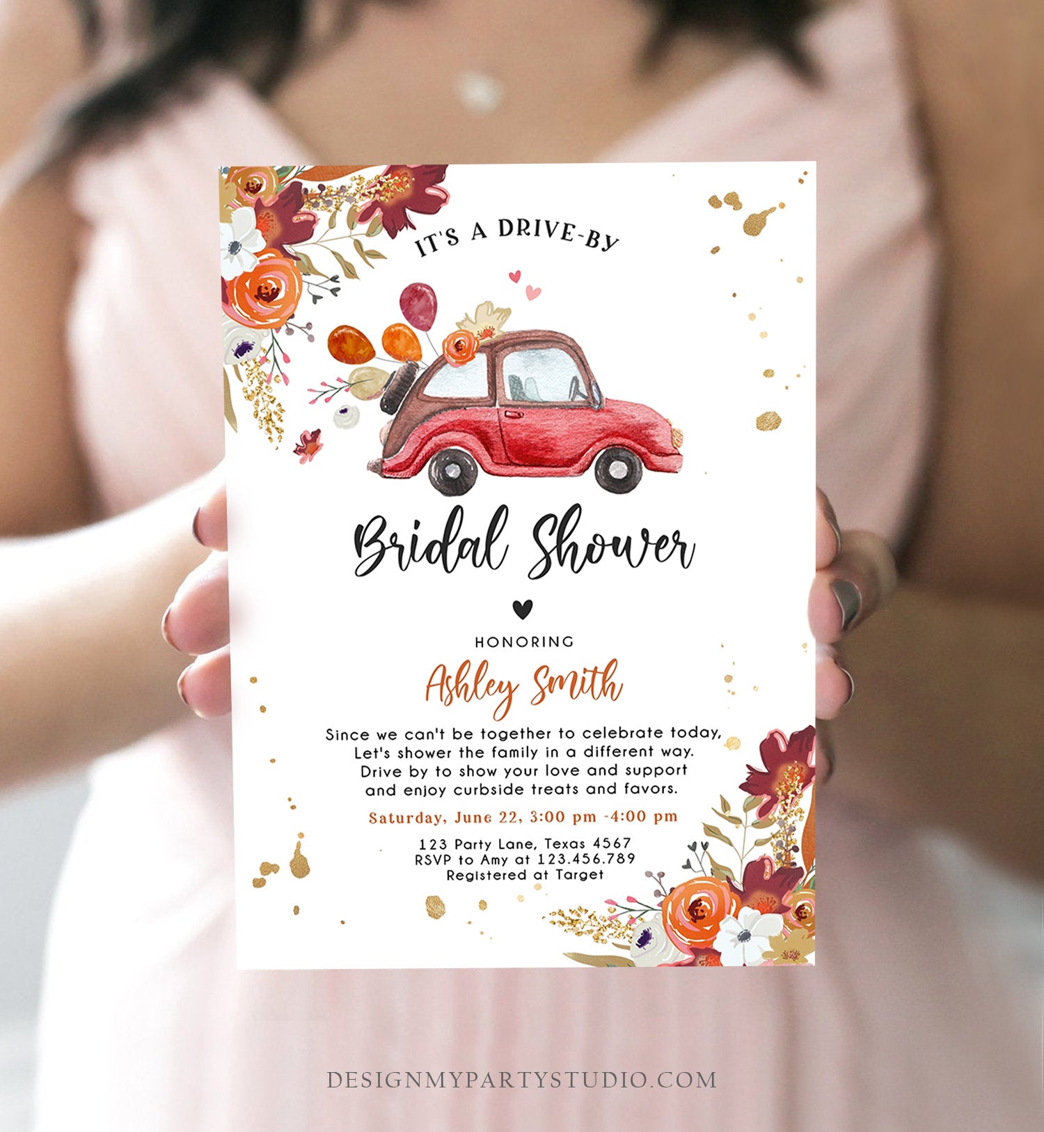 Editable Fall Drive By Bridal Shower Invitation Couples Shower Invite Quarantine Burgundy Rust Fall in Love Template Download Corjl 0335