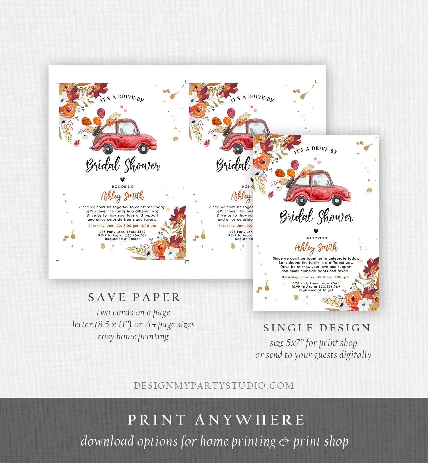 Editable Fall Drive By Bridal Shower Invitation Couples Shower Invite Quarantine Burgundy Rust Fall in Love Template Download Corjl 0335