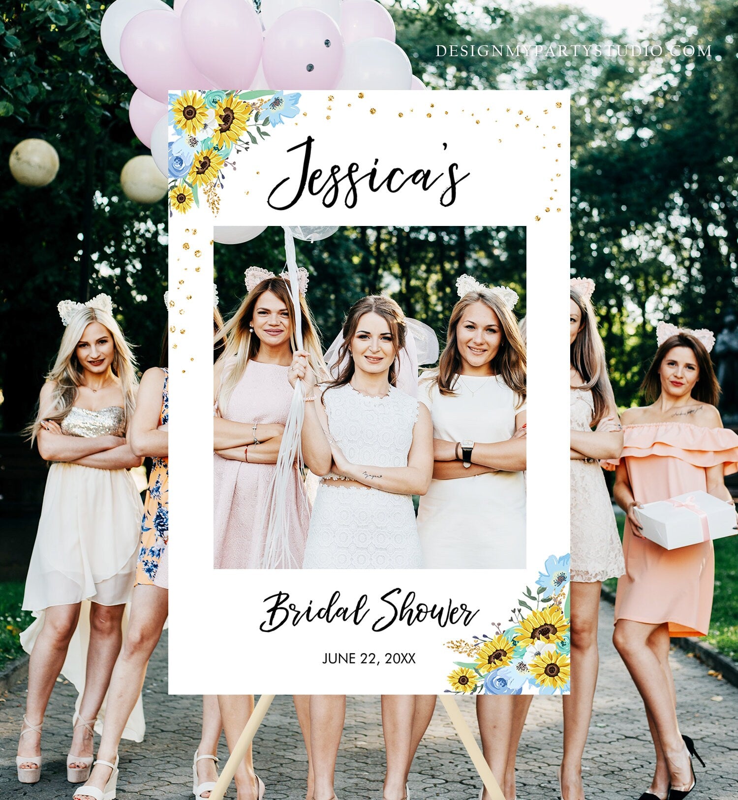 Editable Sunflowers Photo Booth Frame Bridal Shower Photo Prop Blue Floral Sign Sunflower Bridal Shower Corjl Template Printable 0030