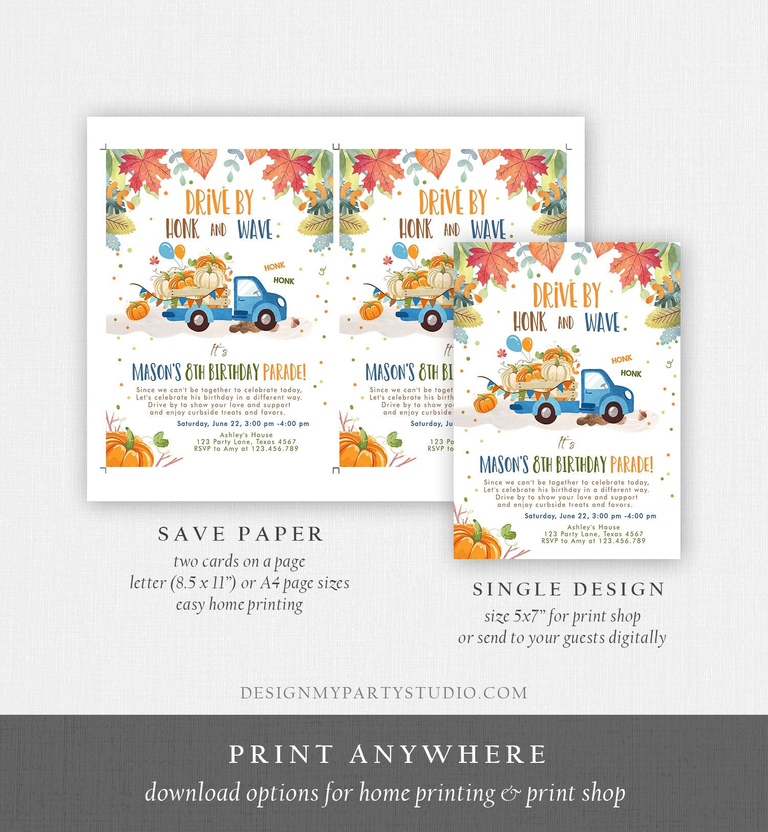 Editable Pumpkin Truck Drive By Birthday Parade Invitation Virtual Party Invite Honk Car Quarantine Fall Instant Download Digital Corjl 0153