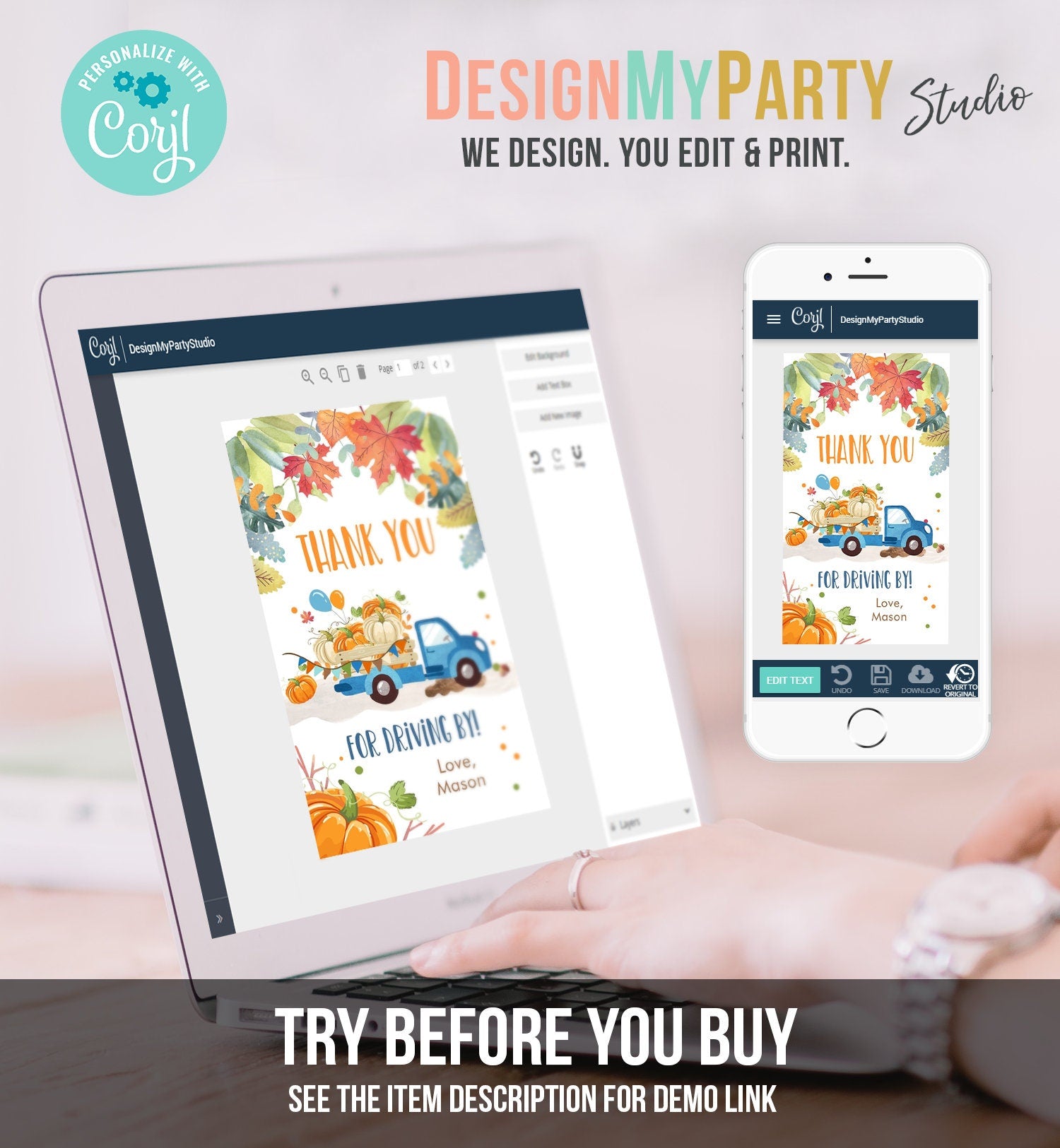 Editable Pumpkin Truck Favor Tag Drive By Birthday Favors Party Parade Fall Thank You Gift Tags Boy Blue Corjl Template Printable 0153