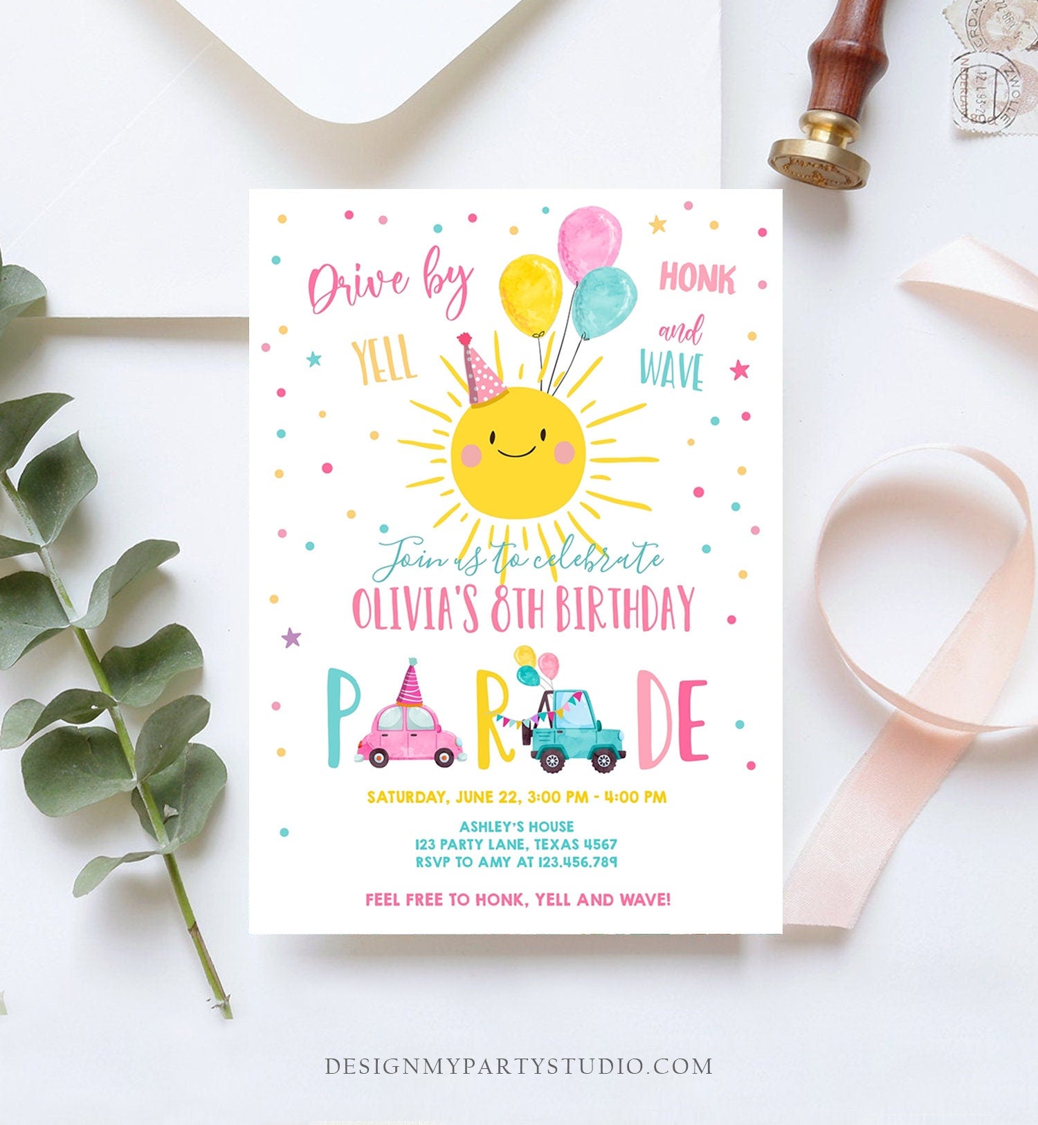 Editable Sunshine Drive By Birthday Parade Invitation Virtual Party Invite Honk Wave Car Girl Pink Quarantine Download Digital Corjl 0141