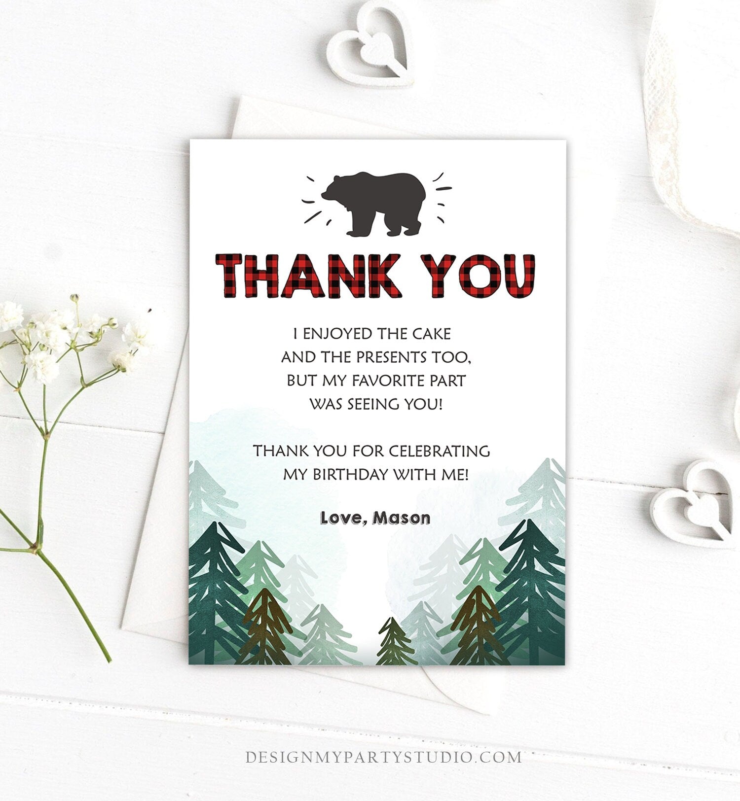 Editable Lumberjack Thank You Card Birthday Rustic Wild One Birthday Bear Forest Buffalo Plaid Trees Download Printable Template Corjl 0377