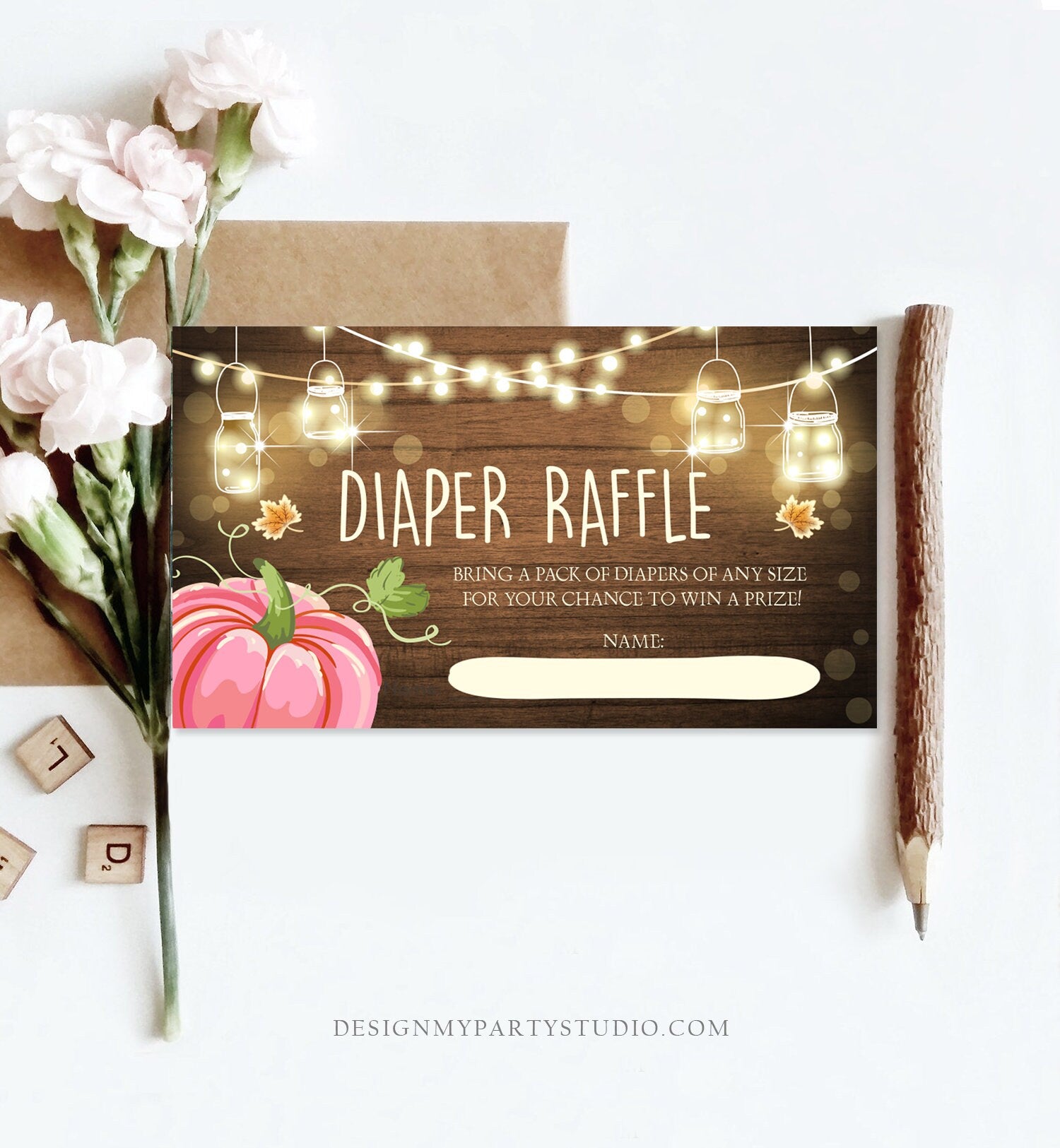 Editable Little Pumpkin Diaper Raffle Ticket Baby Shower Insert Card Girl Pink Wood Lights Autumn Rustic Corjl Template Printable 0015