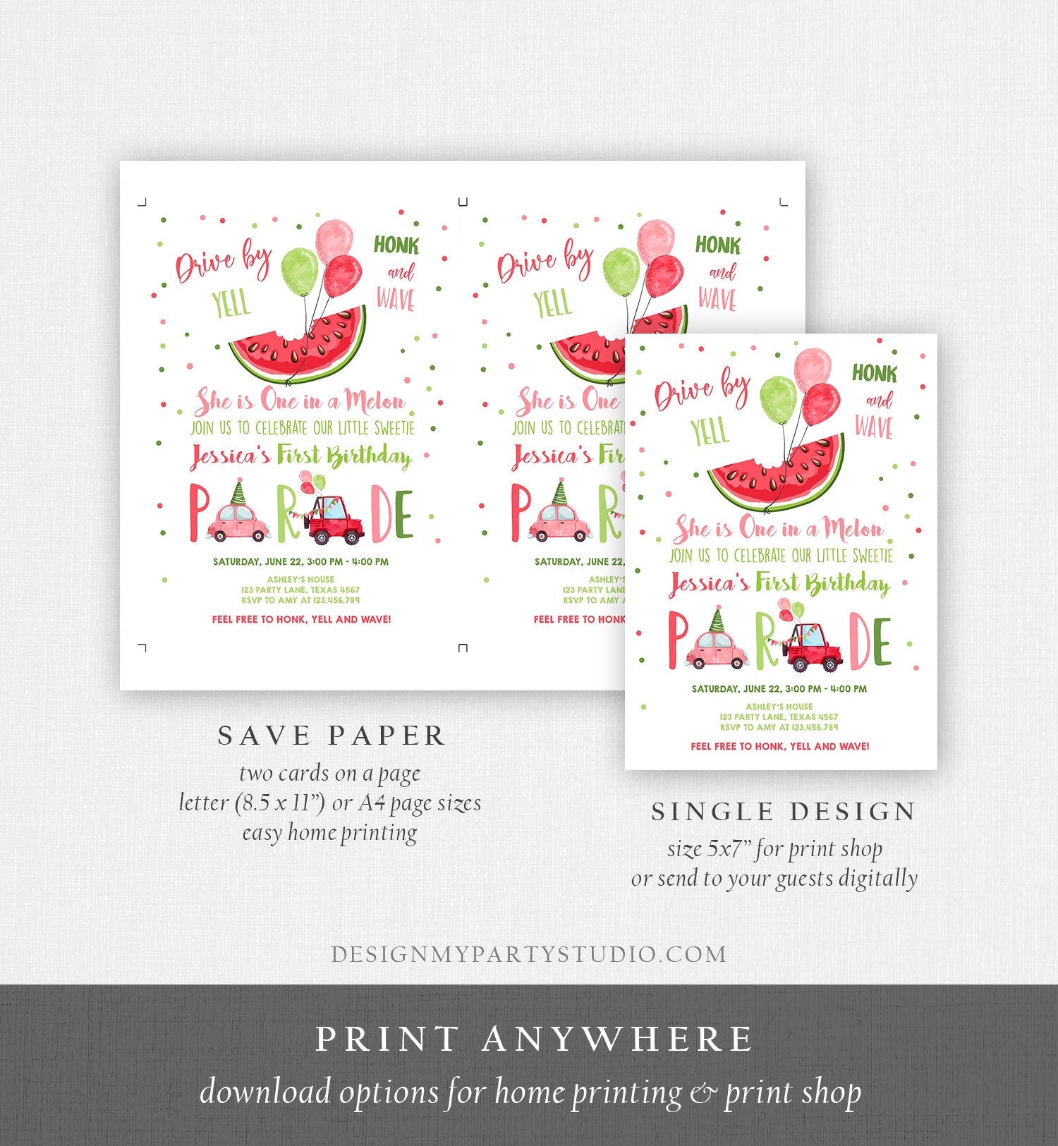Editable One in a Melon Drive By First Birthday Parade Invitation Virtual Party Invite Honk Wave Girl Quarantine Download Digital Corjl 0120