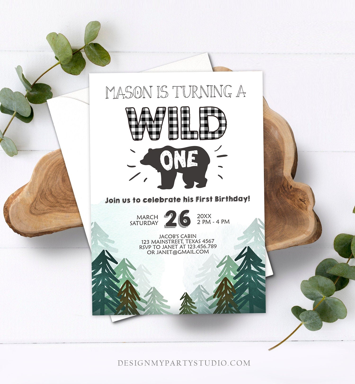 Editable Lumberjack Wild One Birthday Invitation First Birthday Forest Trees Red Plaid Outdoor Bear Boy 1st Printable Corjl Template 0377