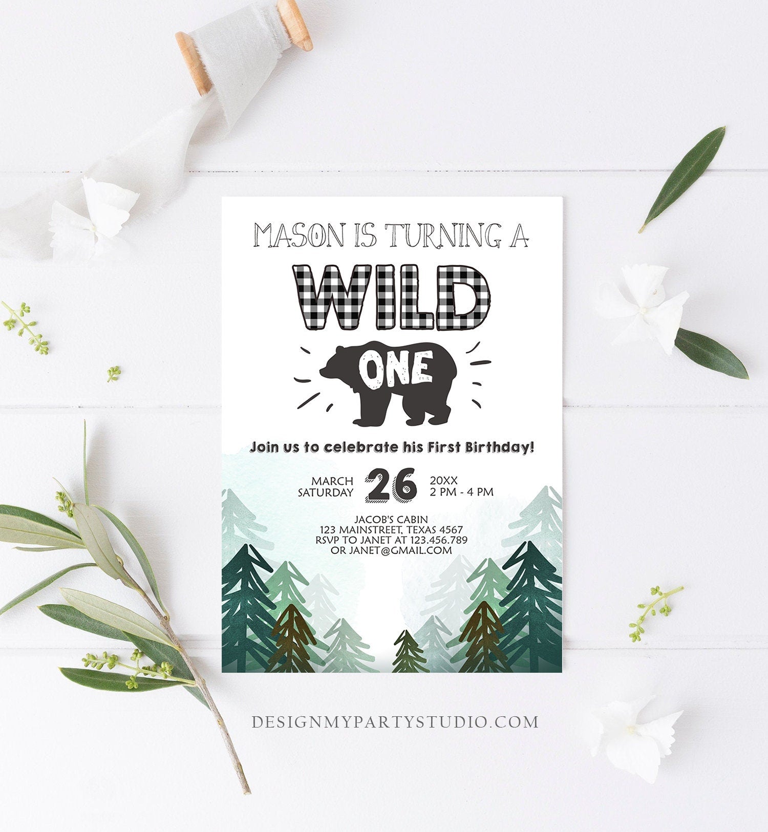 Editable Lumberjack Wild One Birthday Invitation First Birthday Forest Trees Red Plaid Outdoor Bear Boy 1st Printable Corjl Template 0377