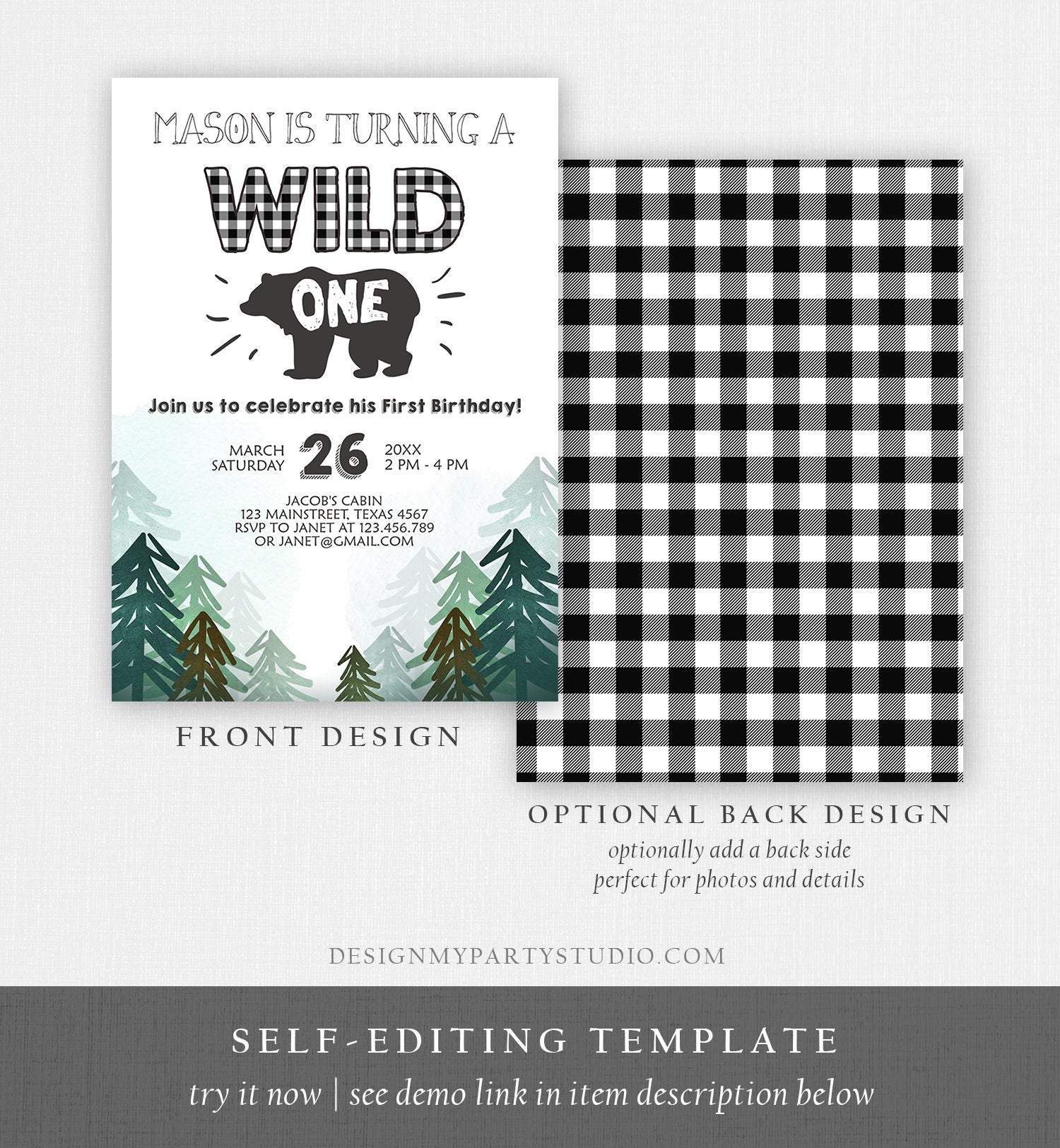 Editable Lumberjack Wild One Birthday Invitation First Birthday Forest Trees Red Plaid Outdoor Bear Boy 1st Printable Corjl Template 0377