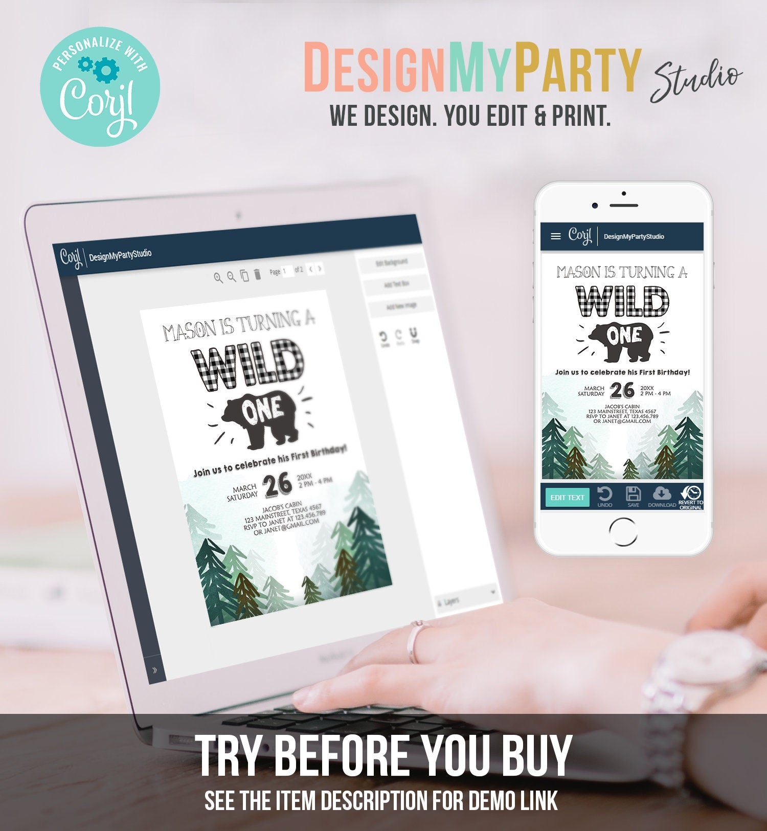 Editable Lumberjack Wild One Birthday Invitation First Birthday Forest Trees Red Plaid Outdoor Bear Boy 1st Printable Corjl Template 0377