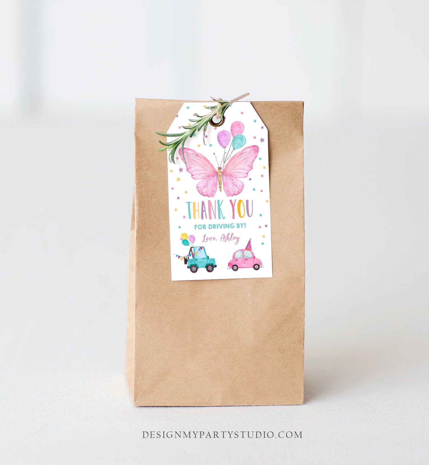 Editable Butterfly Favor Tag Drive By Birthday Favors Party Parade Cars Balloons Thank You Gift Tags Pink Girl Corjl Template Printable 0162