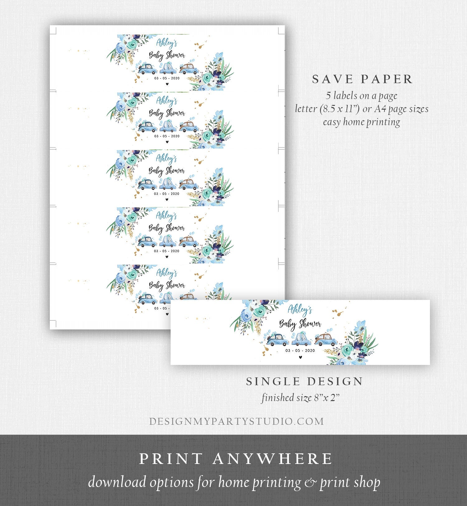 Editable Water Bottle Labels Drive By Baby Shower Decor Boy Blue Gold Floral Flowers Quarantine Printable Bottle Label Template Corjl 0335