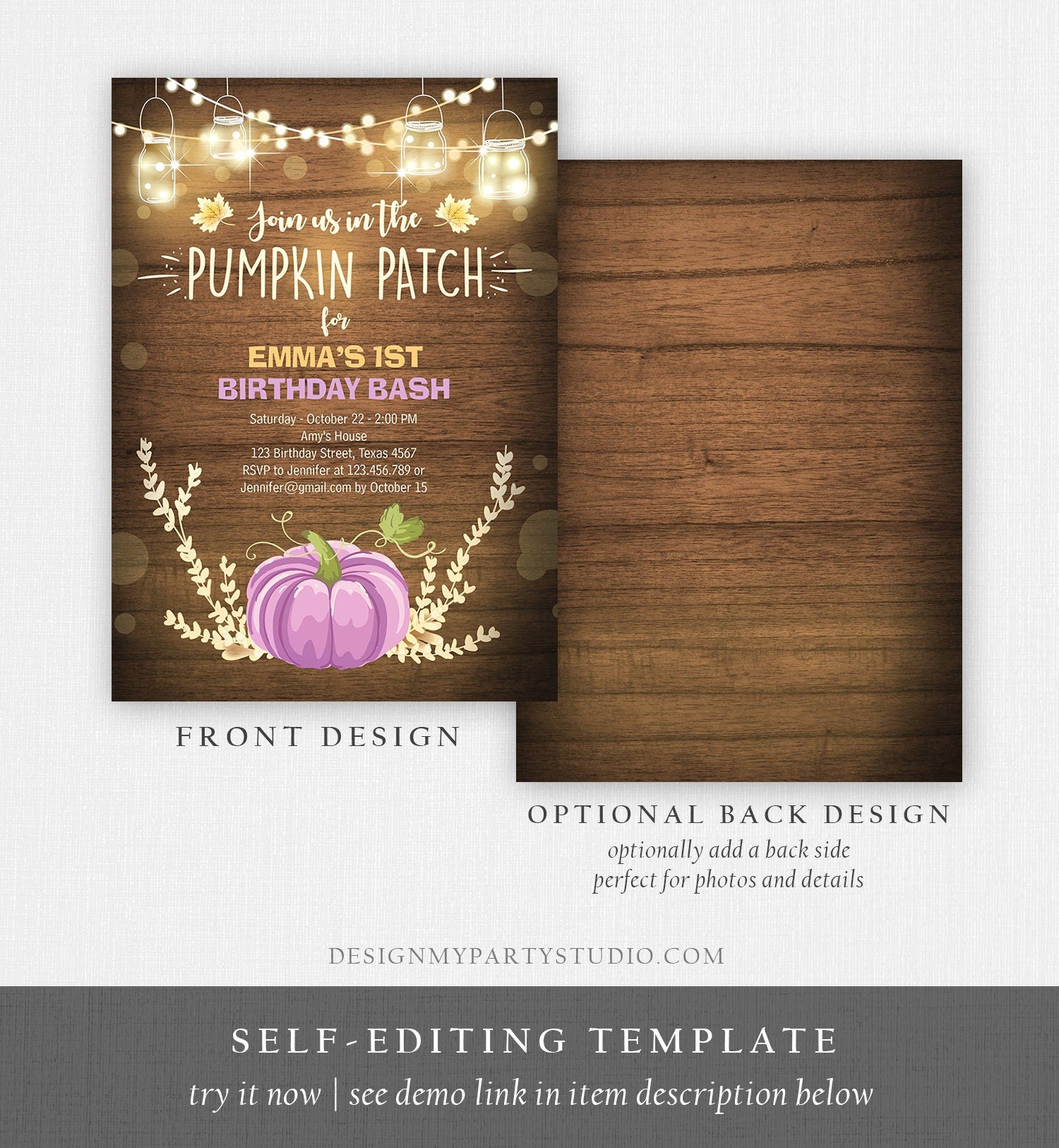 Editable Little Pumpkin Birthday Invitation Purple Pumpkin Patch Autumn Fall Rustic Girl 1st First Birthday Corjl Invitation Printable 0015