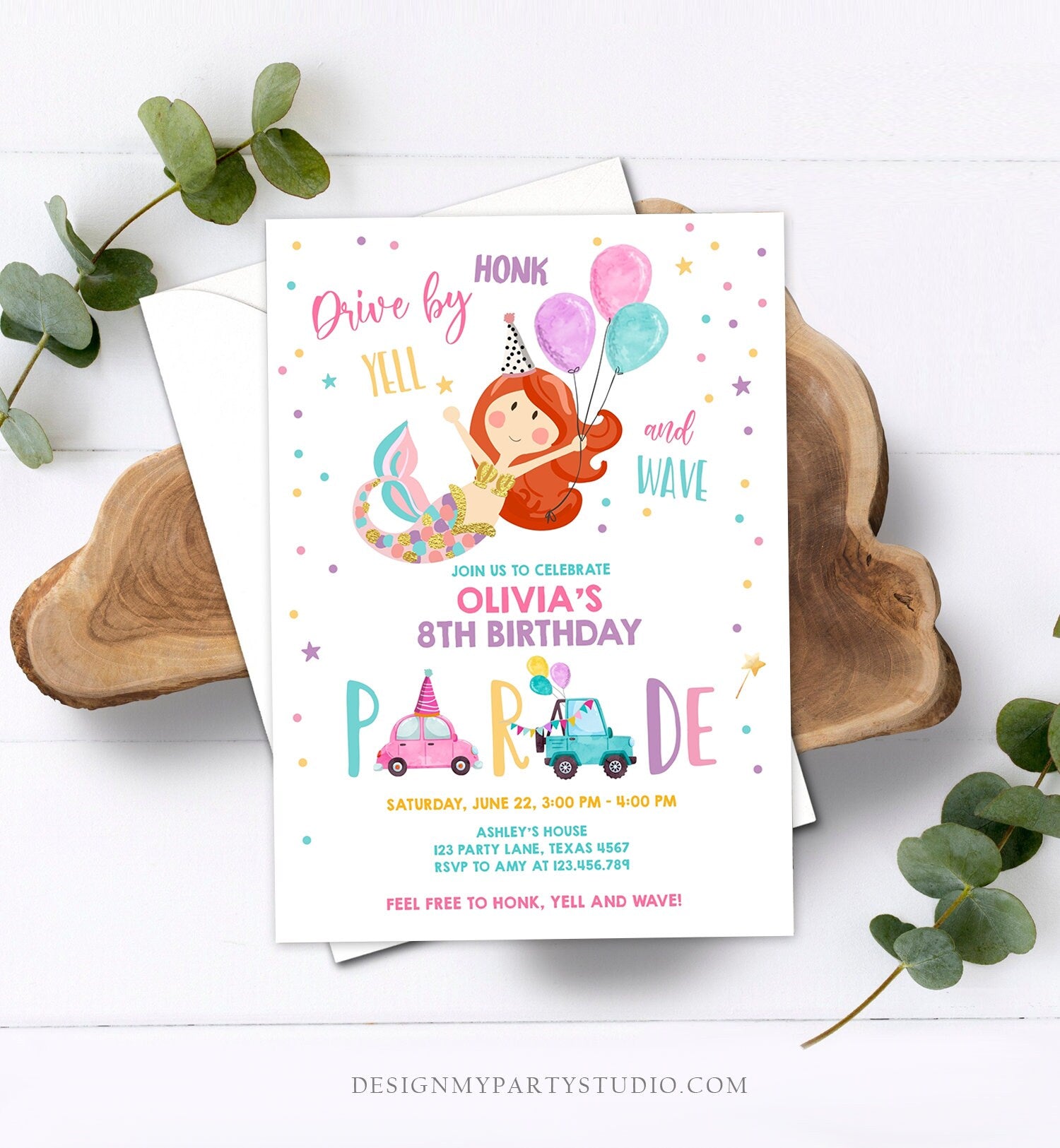 Editable Mermaid Drive By Birthday Parade Invitation Virtual Party Invite Honk Wave Car Girl Pink Quarantine Download Digital Corjl 0338