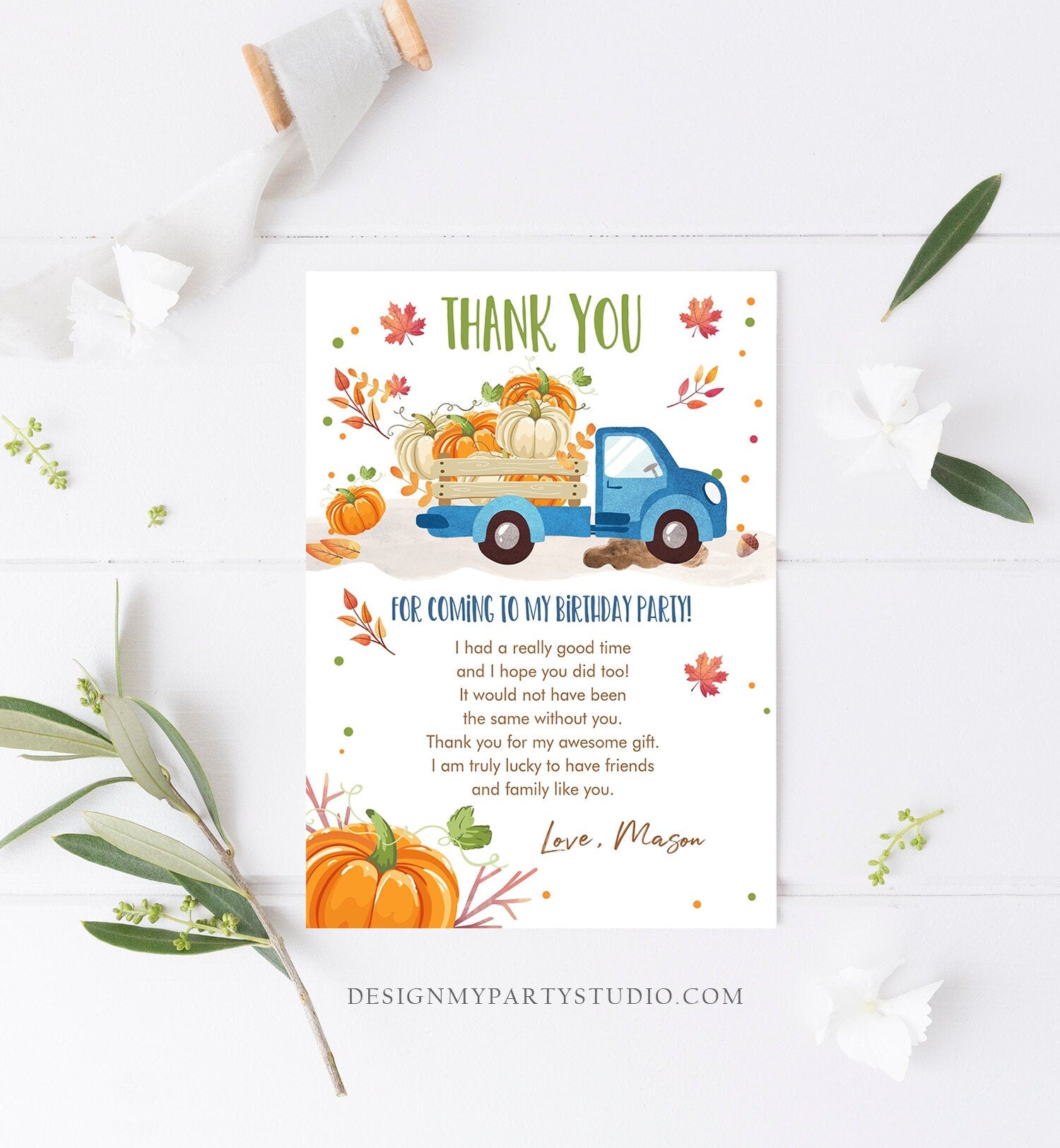 Editable Pumpkin Birthday Thank You Card Fall Pumpkin Truck Blue Boy Birthday Party Blue Green Orange Download Printable Template Corjl 0153