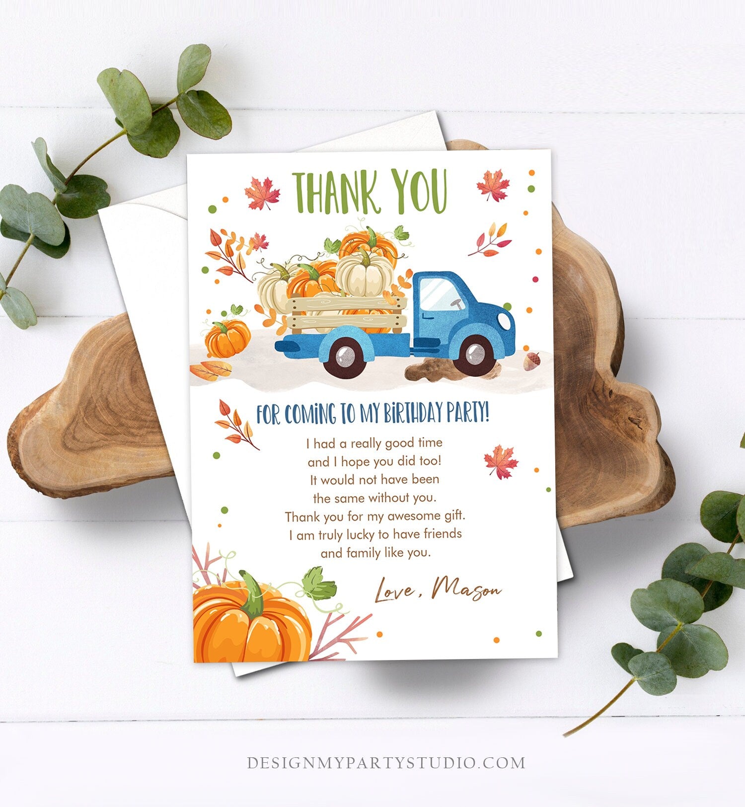 Editable Pumpkin Birthday Thank You Card Fall Pumpkin Truck Blue Boy Birthday Party Blue Green Orange Download Printable Template Corjl 0153