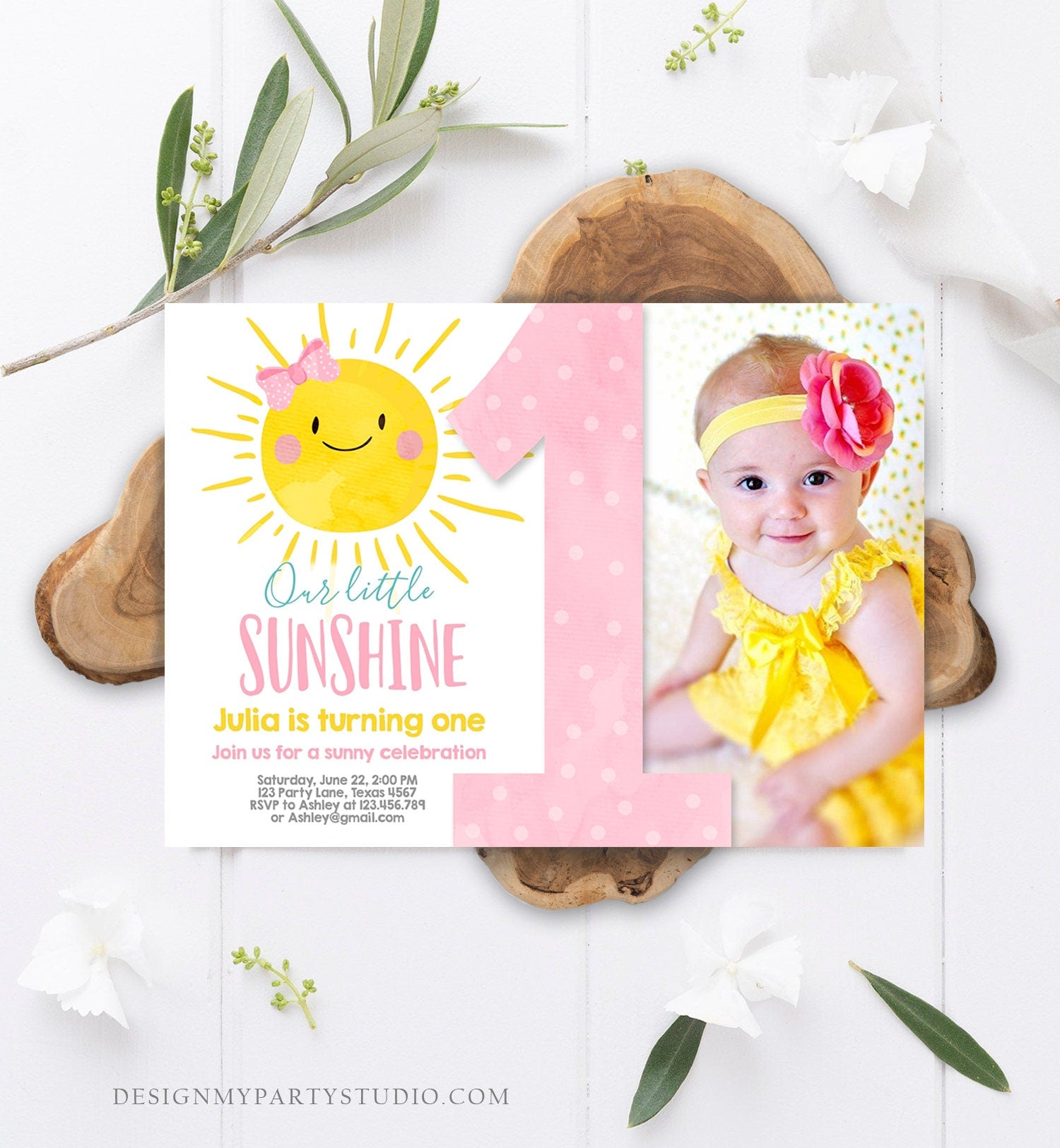 Editable Our Little Sunshine Birthday Invitation You Are My Sunshine Blush Pink Girl Summer First Birthday Download Corjl Template 0141