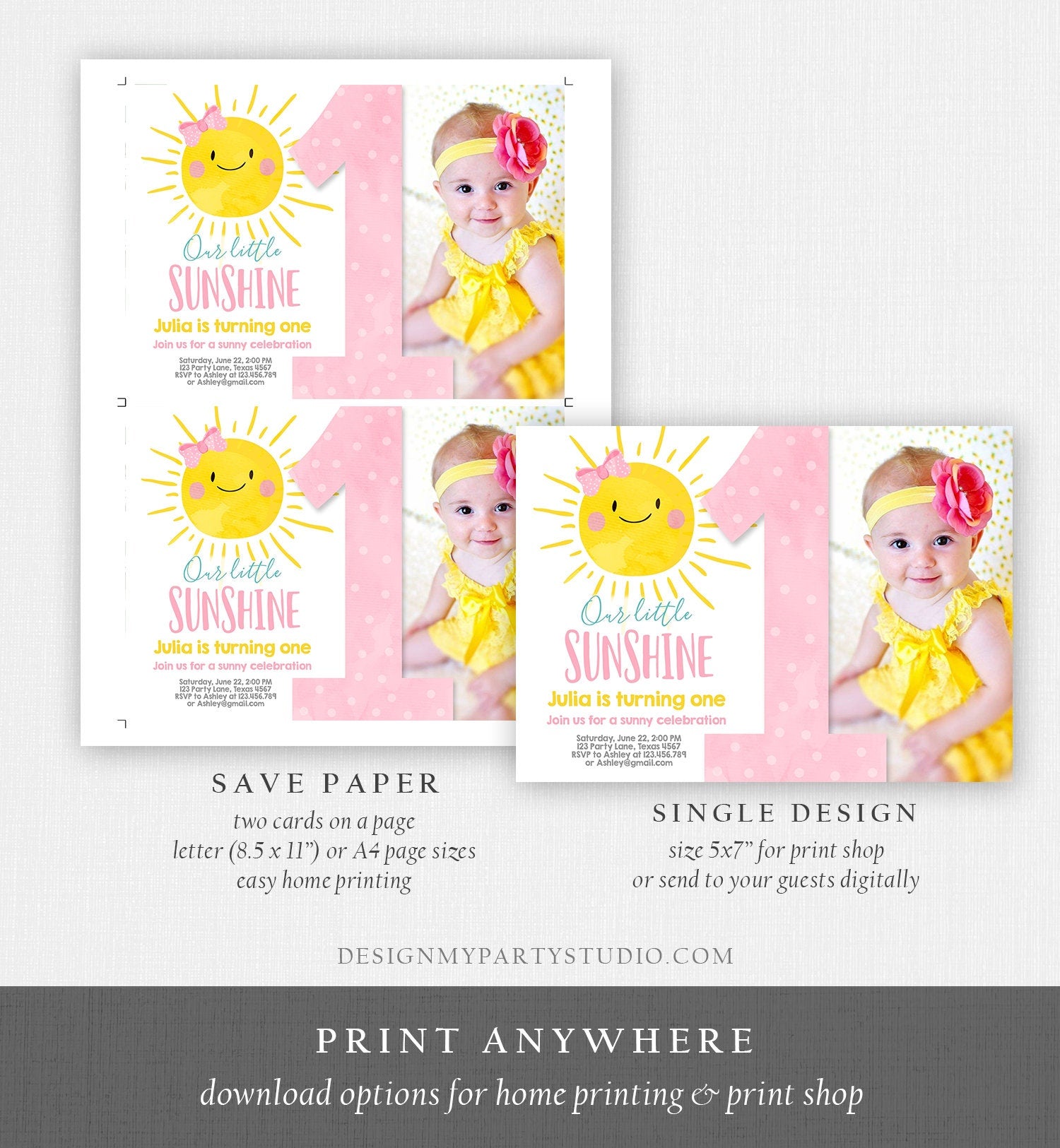 Editable Our Little Sunshine Birthday Invitation You Are My Sunshine Blush Pink Girl Summer First Birthday Download Corjl Template 0141