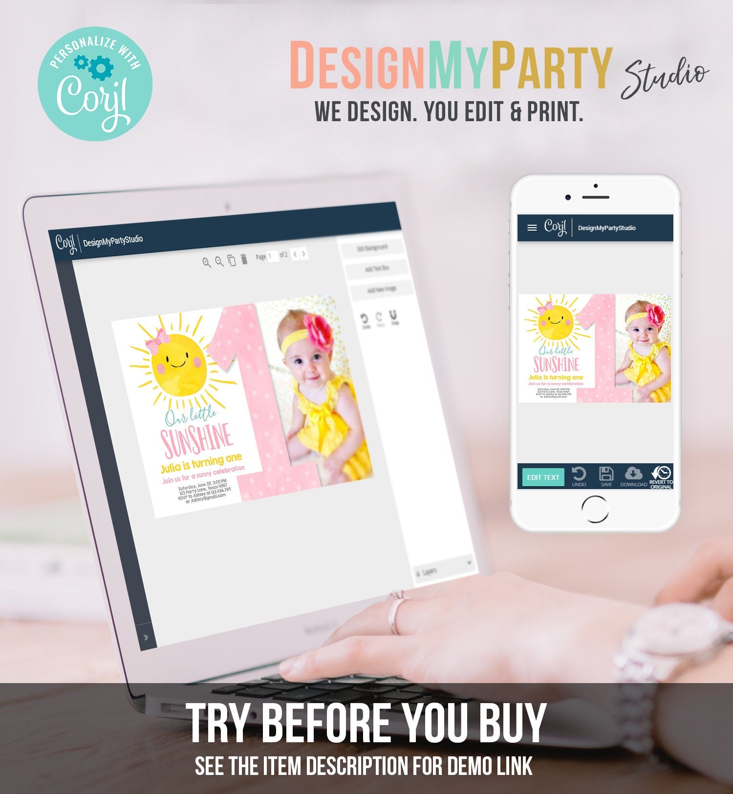 Editable Our Little Sunshine Birthday Invitation You Are My Sunshine Blush Pink Girl Summer First Birthday Download Corjl Template 0141