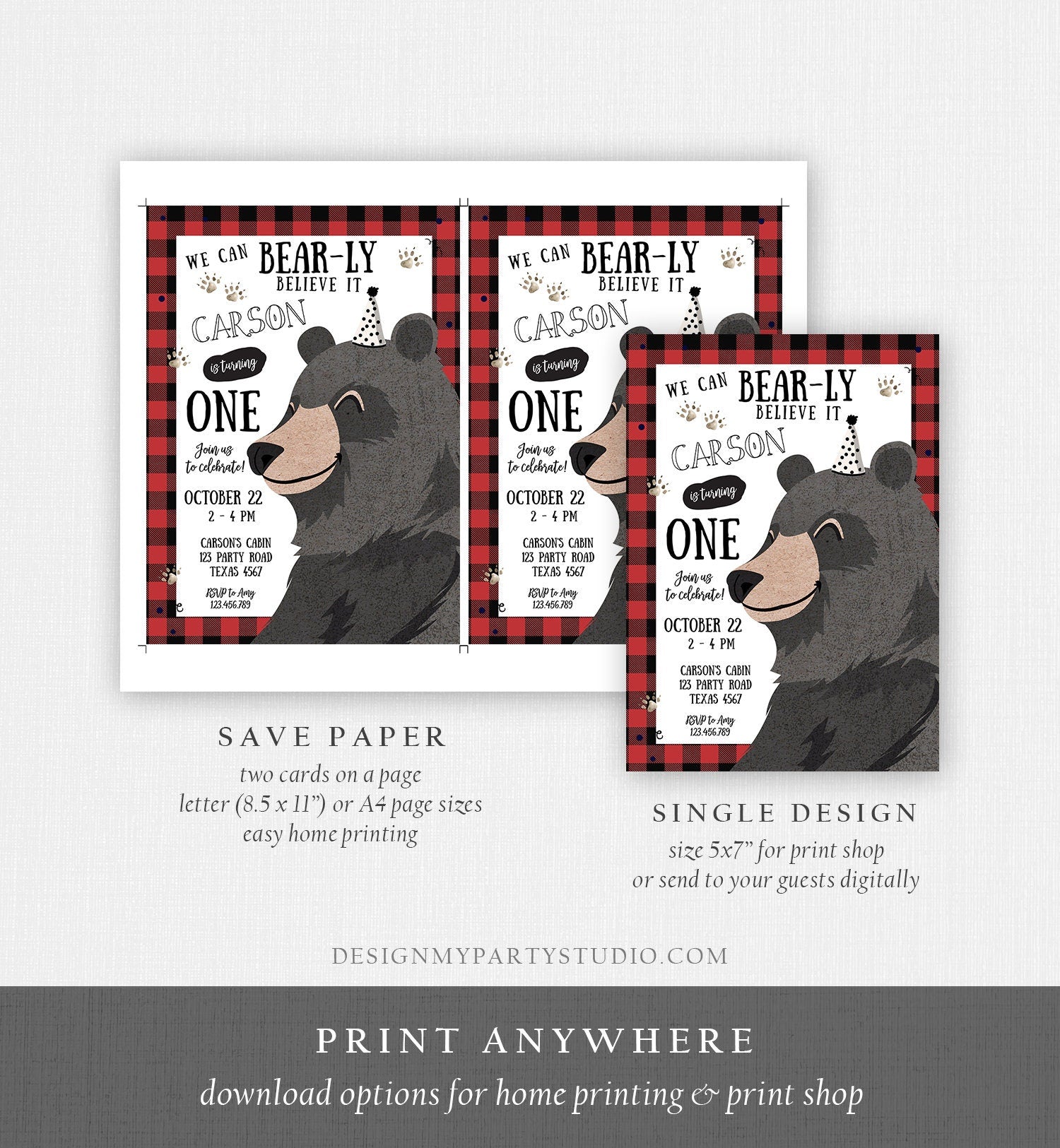 Editable Lumberjack Birthday Invitation First Birthday Buffalo Plaid Outdoor Bear Little Cub Party Boy 1st Printable Corjl Template 0266