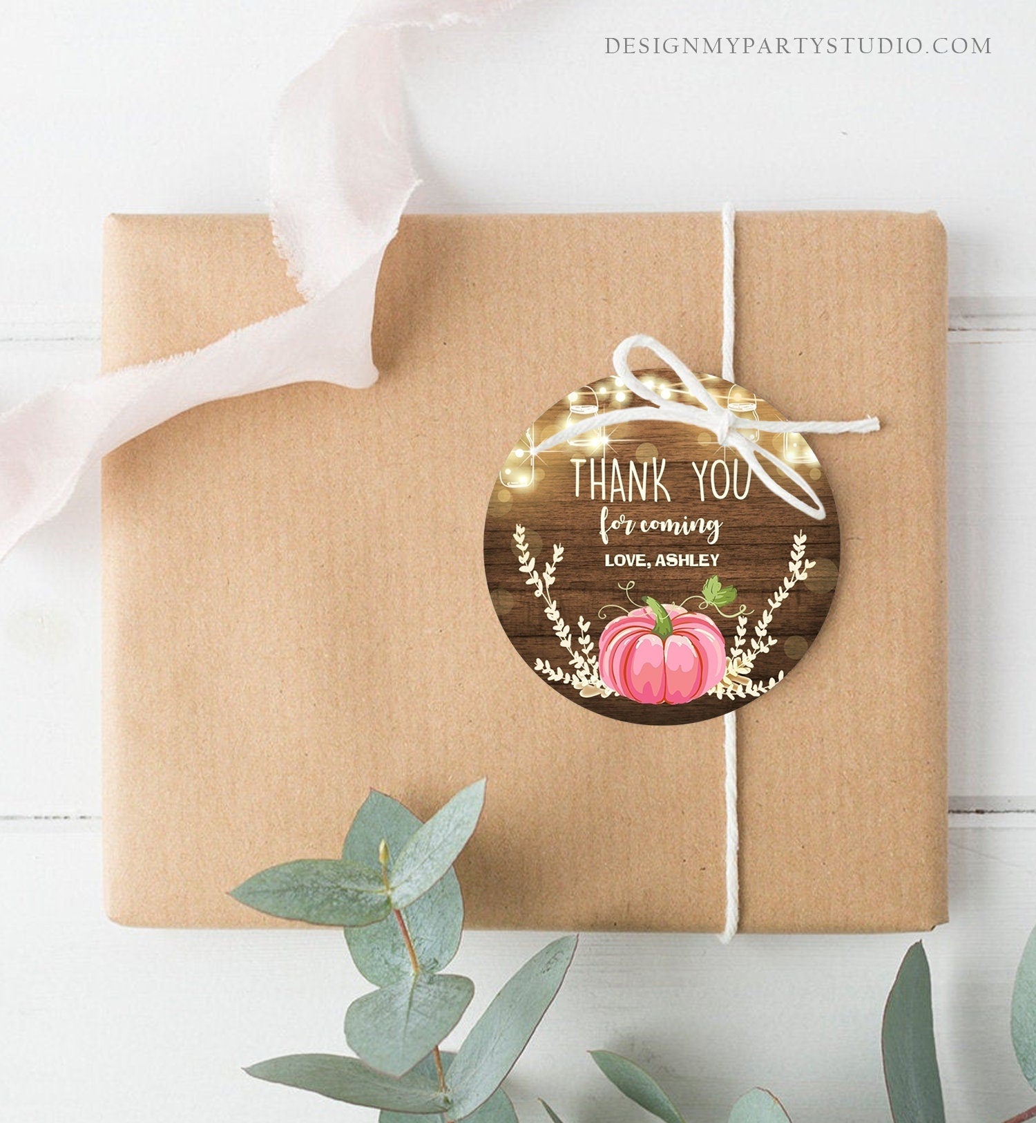 Editable Little Pumpkin Favor Tags Thank You Tag Birthday Baby Shower Fall Sticker Pink Pumpkin Decor Girl Corjl Template Printable 0015