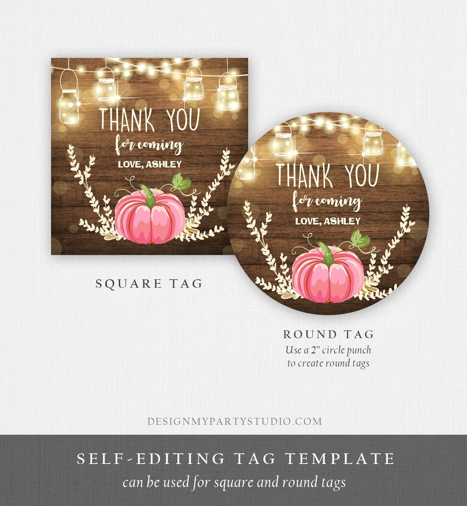 Editable Little Pumpkin Favor Tags Thank You Tag Birthday Baby Shower Fall Sticker Pink Pumpkin Decor Girl Corjl Template Printable 0015