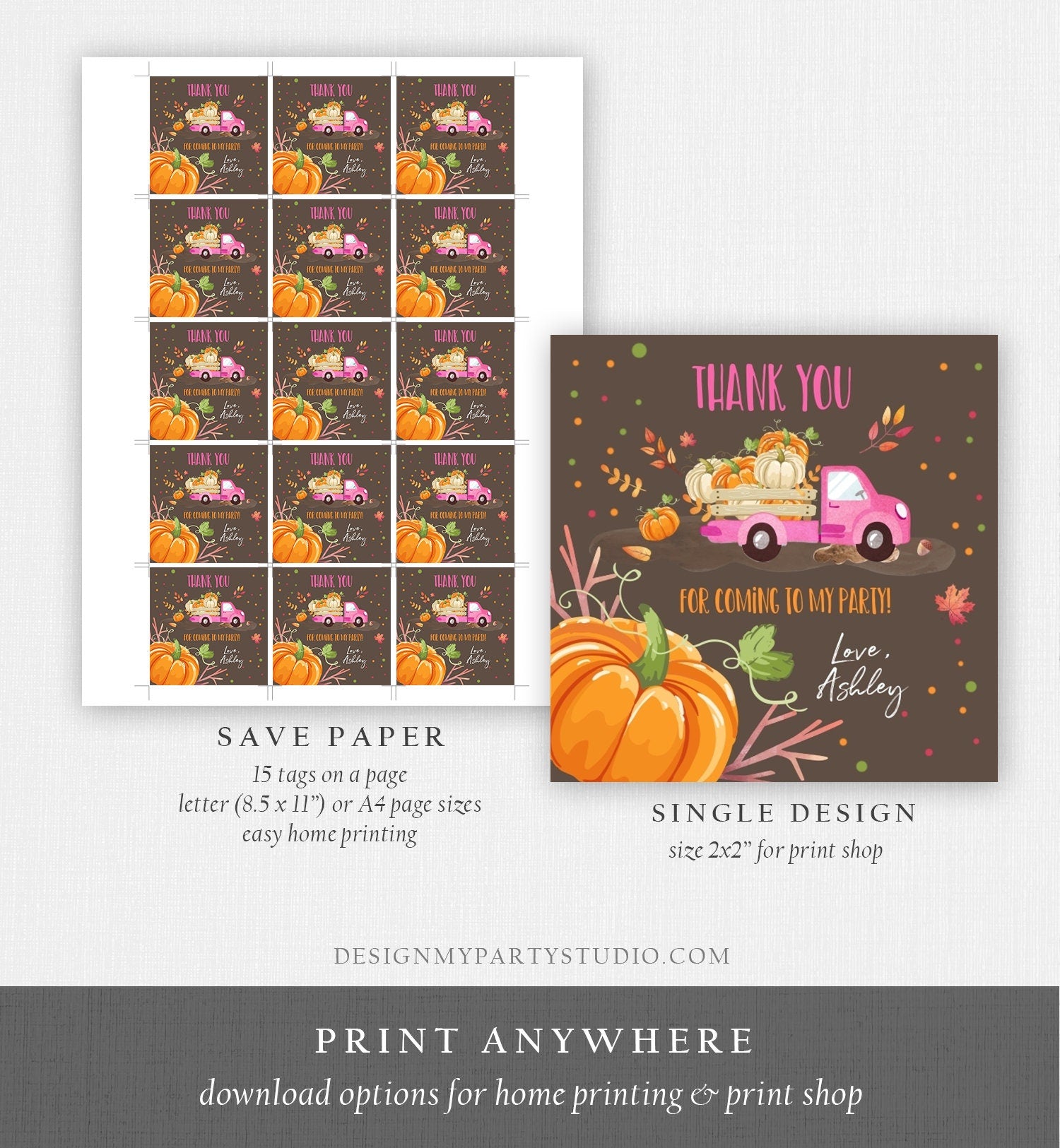 Editable Pumpkin Thank you Tags Pumpkin Truck Stickers Pumpkin Birthday Fall Autumn Pink Pumpkin Truck Girl Favor Tags Template Corjl 0153
