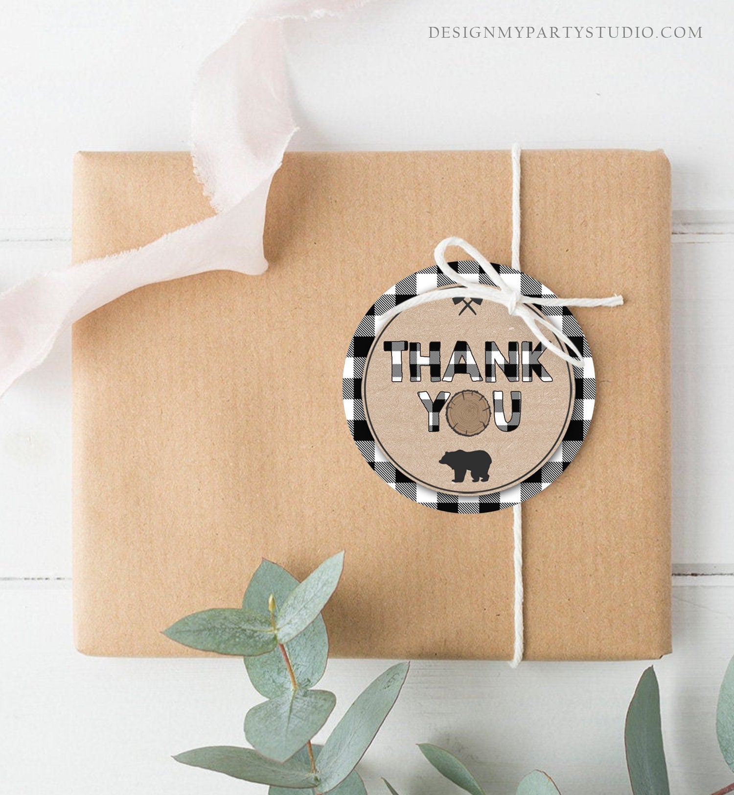 Editable Lumberjack Favor Tags Thank You Lumberjack Birthday Round Square Tag Sticker Label Buffalo Plaid Bear Corjl Template Printable 0026