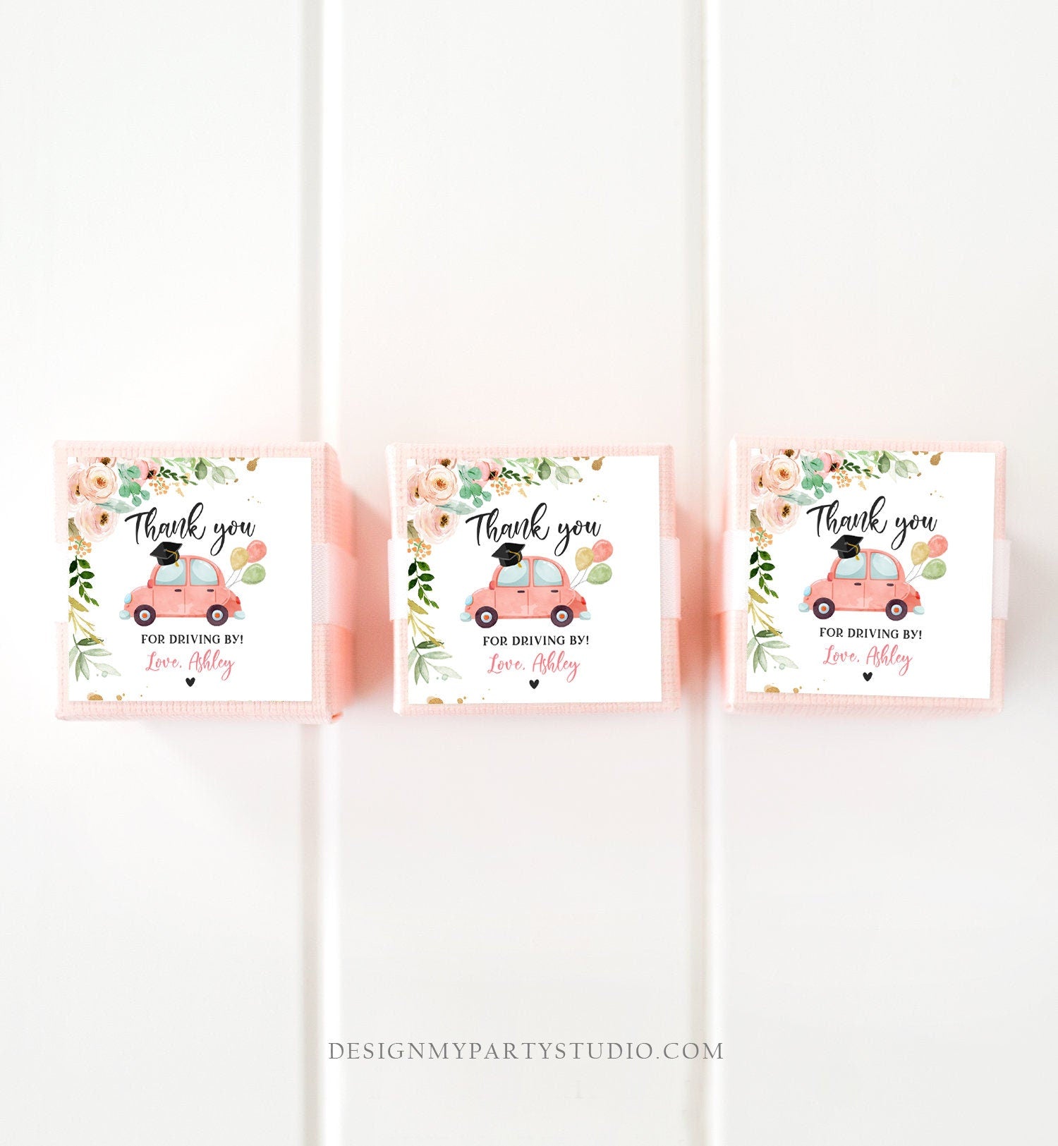 Editable Drive By Favor Tag Thank You Driving By Graduation Pjnk Floral Parade Gift Tags Quarantine Girl Digital Corjl Template 0346