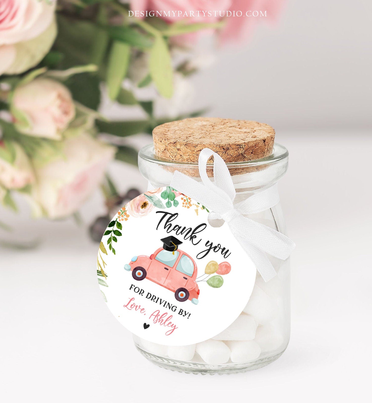 Editable Drive By Favor Tag Thank You Driving By Graduation Pjnk Floral Parade Gift Tags Quarantine Girl Digital Corjl Template 0346