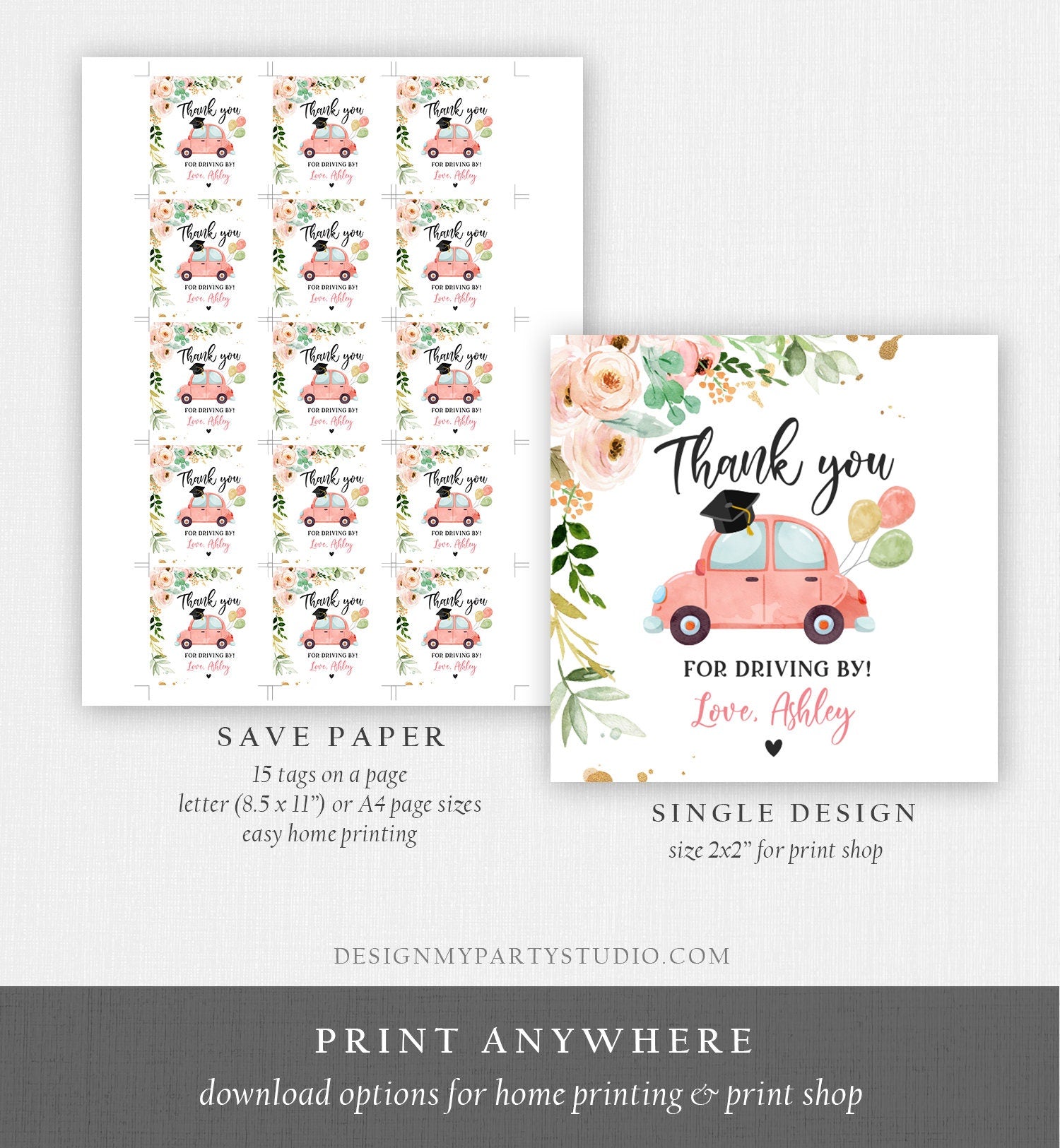 Editable Drive By Favor Tag Thank You Driving By Graduation Pjnk Floral Parade Gift Tags Quarantine Girl Digital Corjl Template 0346