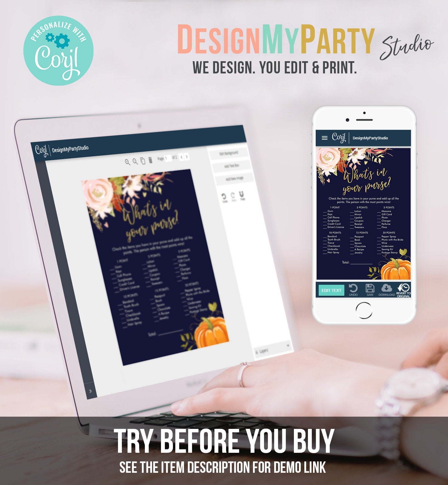 Editable What's in Your Purse Bridal Shower Game Fall in Love Autumn Pumpkin Floral Coed Wedding Activity Corjl Template Printable 0176