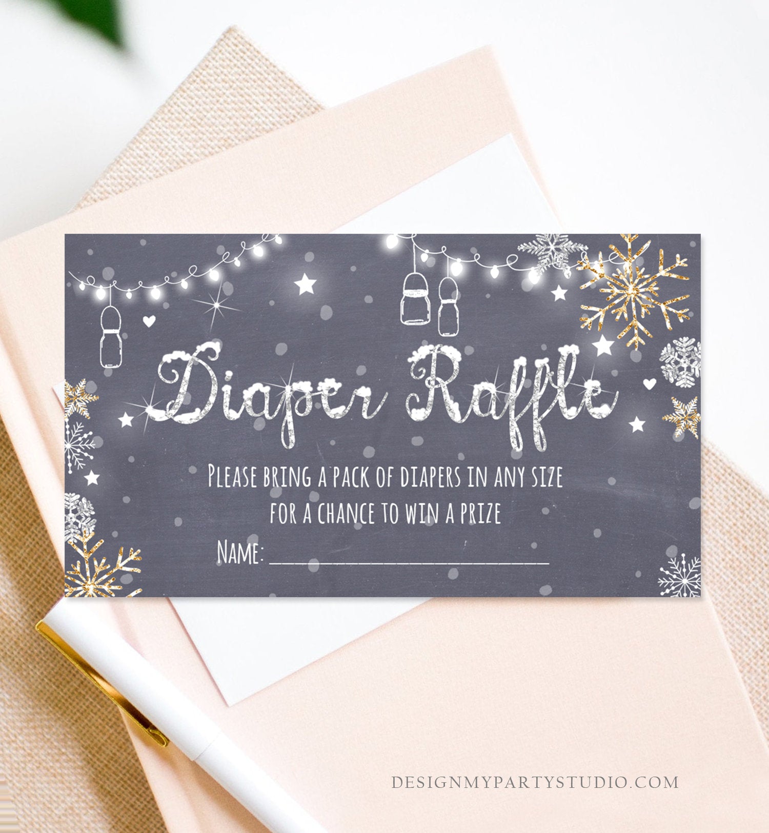 Editable Diaper Raffle Ticket Diaper Game Card Baby It's Cold Outside Winter Snowflakes Gold Silver Download Template Corjl Printable 0032