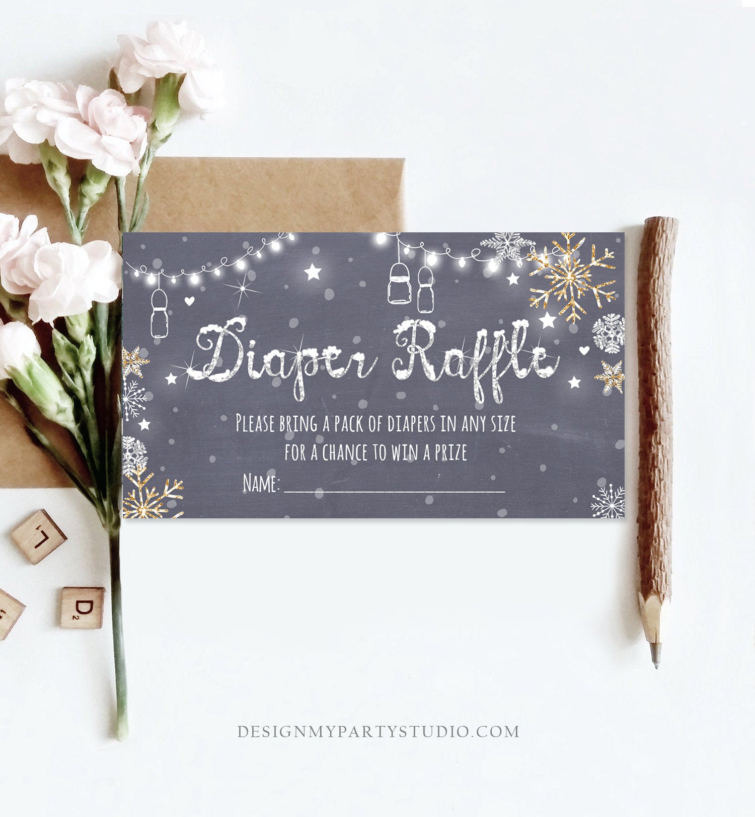 Editable Diaper Raffle Ticket Diaper Game Card Baby It's Cold Outside Winter Snowflakes Gold Silver Download Template Corjl Printable 0032
