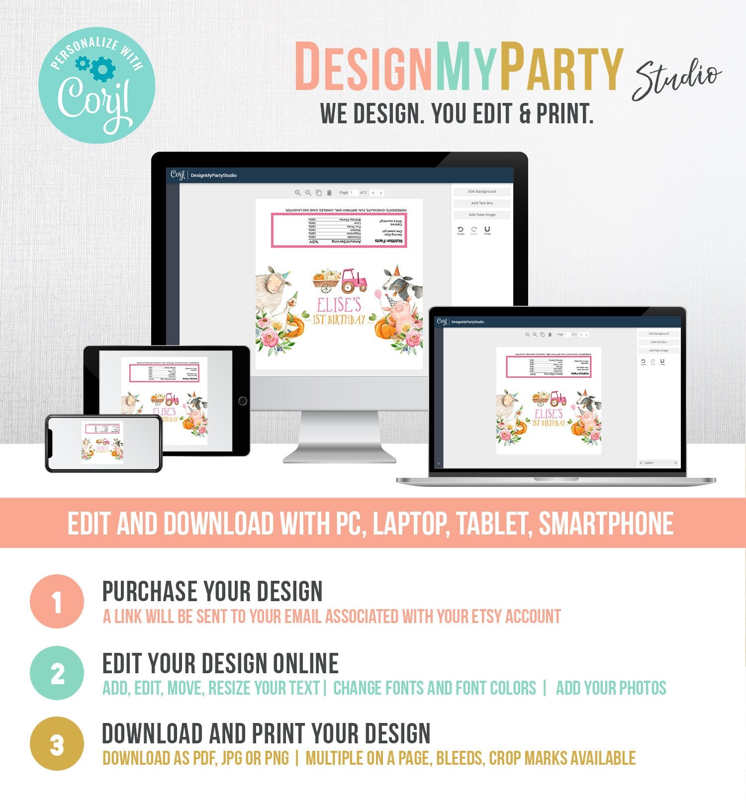 Editable Candy Bar Wrapper Pumpkin Farm Animals Birthday Chocolate Bar Wrapper Farm Tractor Girl Barnyard Favors PRINTABLE Corjl 0155