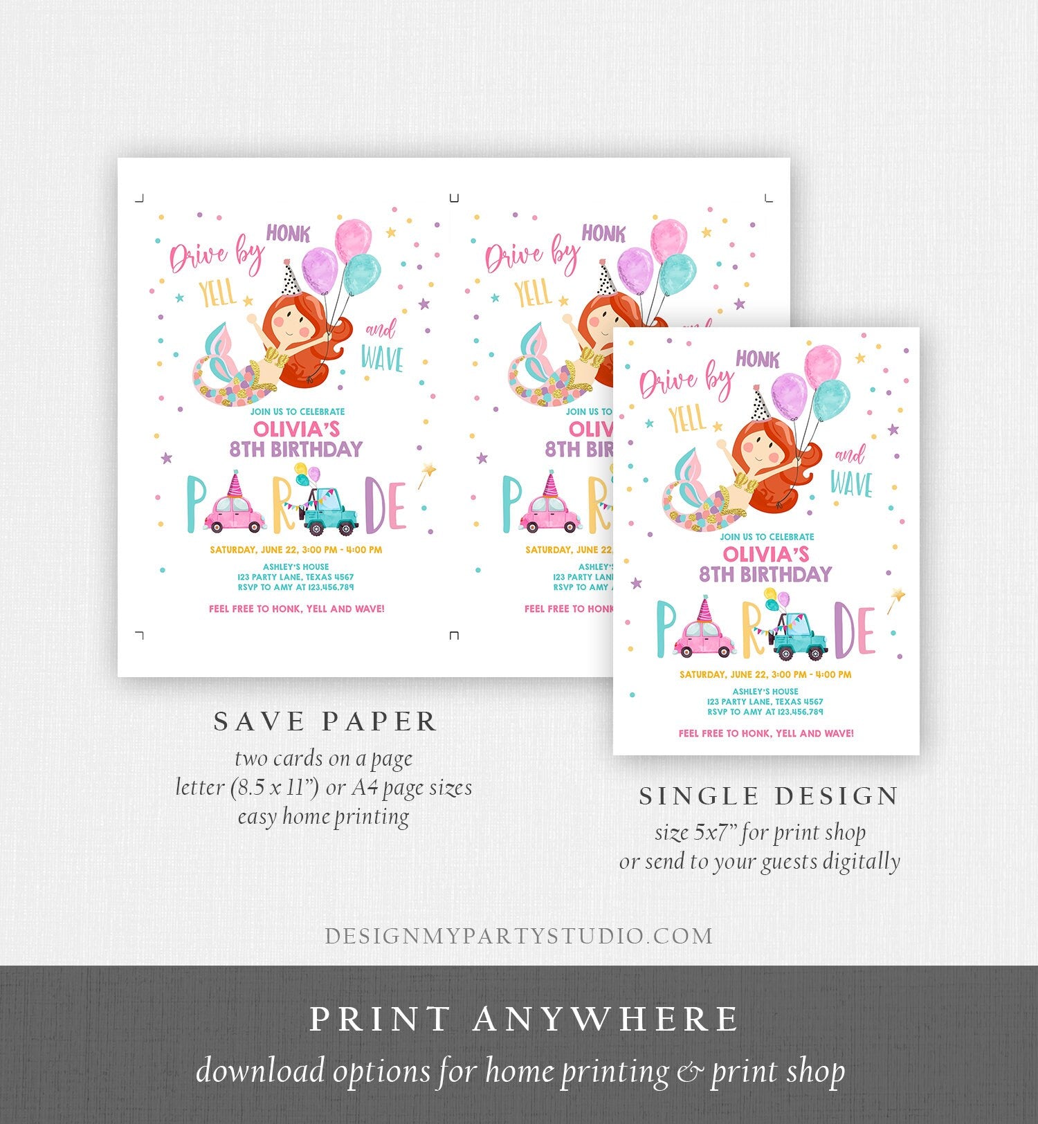Editable Mermaid Drive By Birthday Parade Invitation Virtual Party Invite Honk Wave Car Girl Pink Quarantine Download Digital Corjl 0338