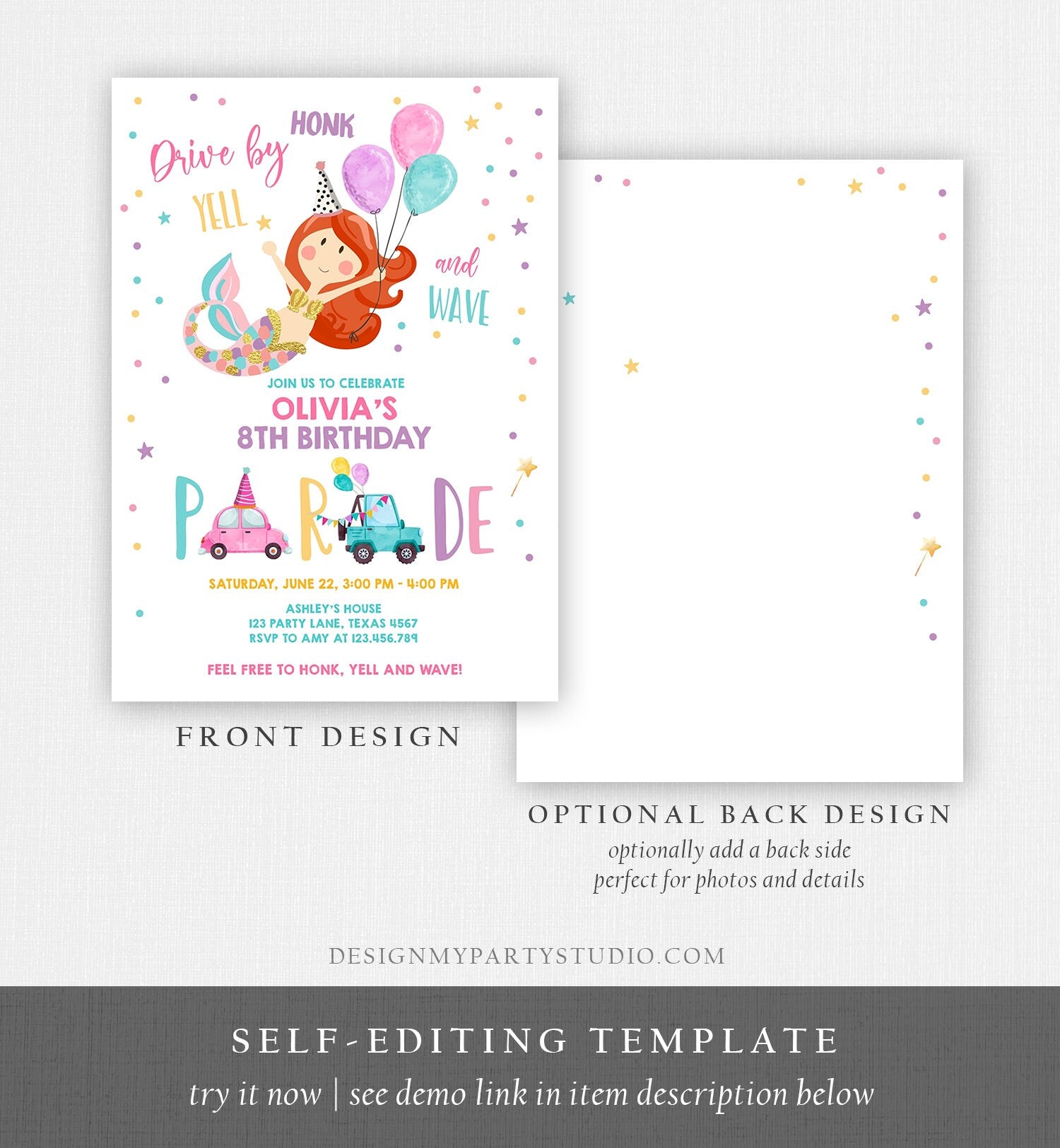 Editable Mermaid Drive By Birthday Parade Invitation Virtual Party Invite Honk Wave Car Girl Pink Quarantine Download Digital Corjl 0338