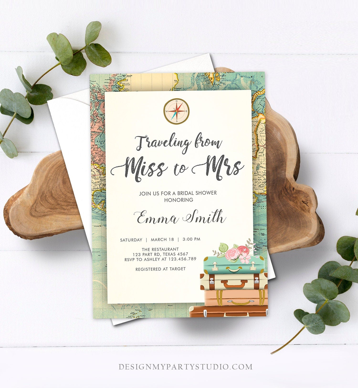 Editable Bridal Shower Invitation Traveling from Miss to Mrs Travel World Map Suitcase Vintage Floral Download Printable Template Corjl 0044